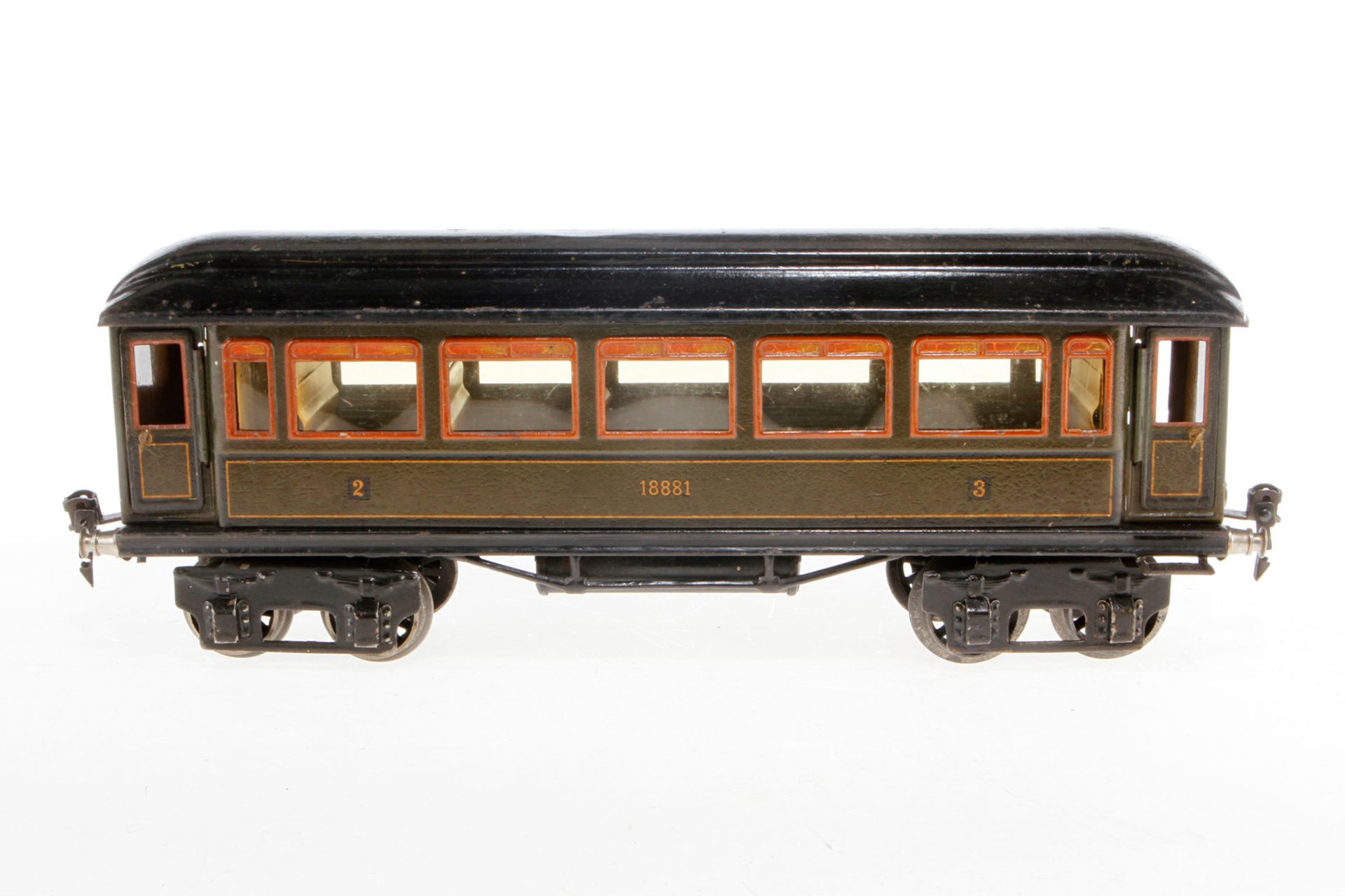 Märklin Personenwagen 1888, S 1, Chromlithographie, mit Inneneinrichtung, 4 AT und Gussrädern, nicht