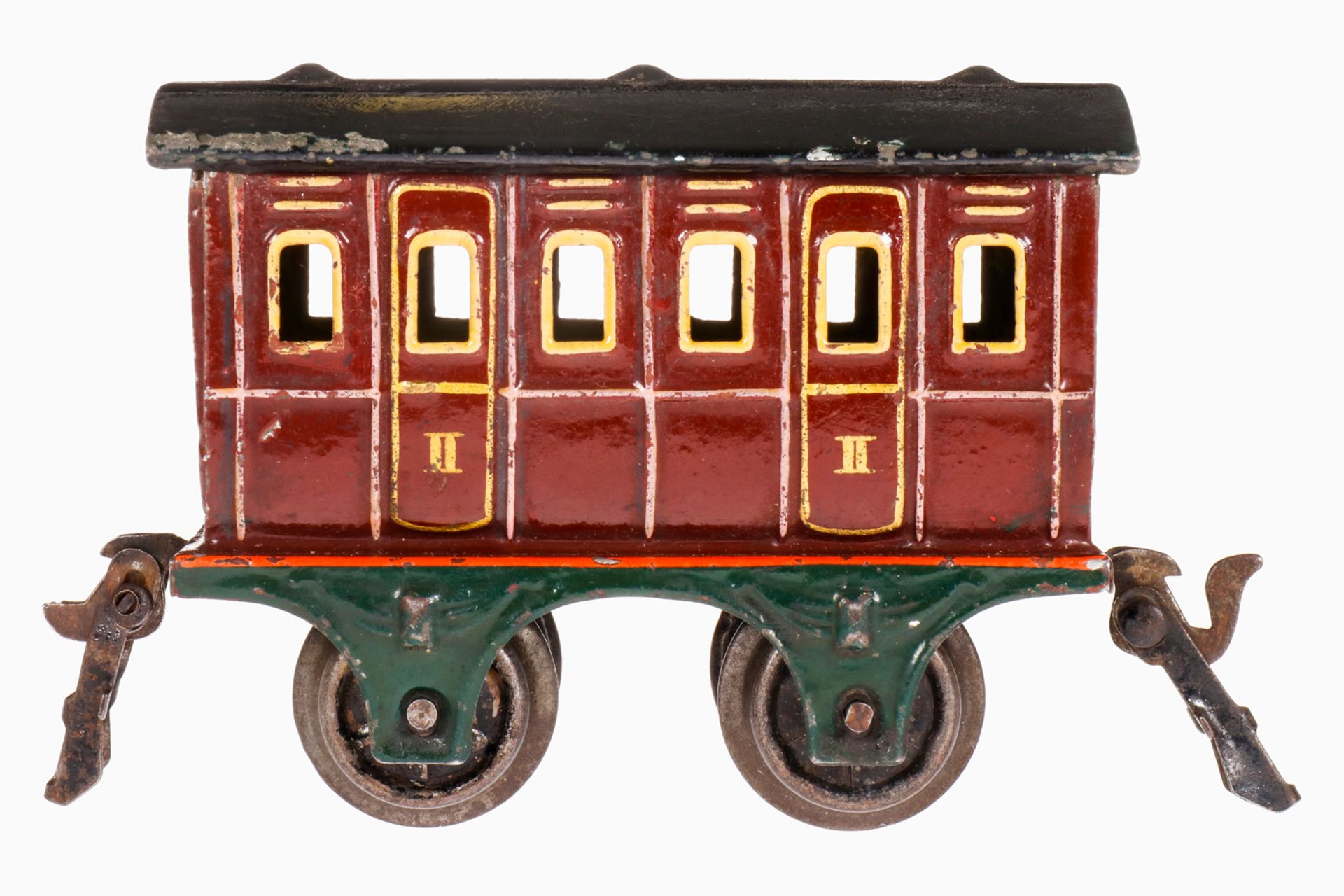 Märklin Abteilwagen 1855, S 0, uralt, rotbraun HL, 1 Kupplung besch., Lackschäden und gealterter Lac