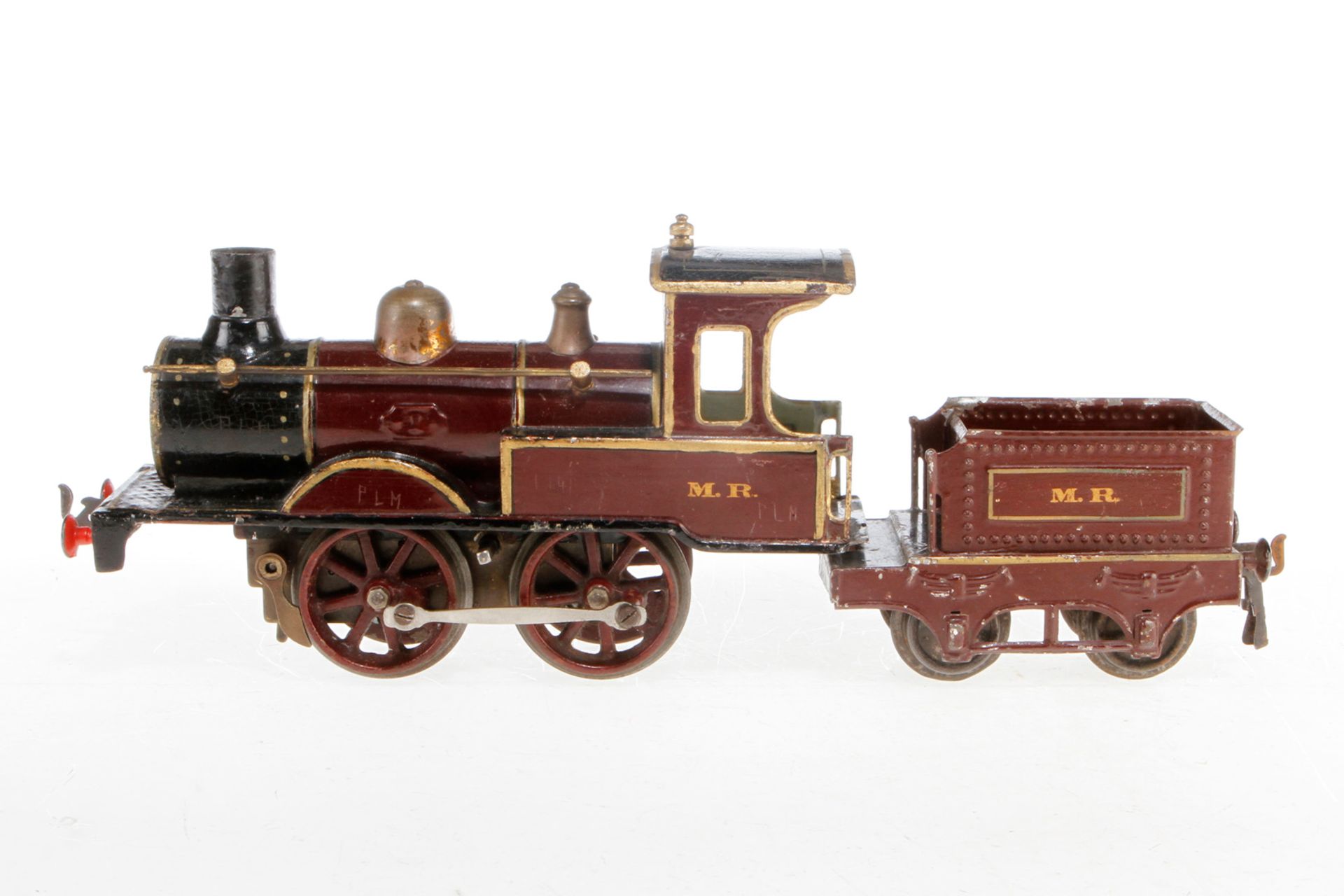 Märklin engl. B-Dampflok B 1021 MR, S 1, uralt, Uhrwerk intakt, rotbraun/schwarz, mit Tender und Bre