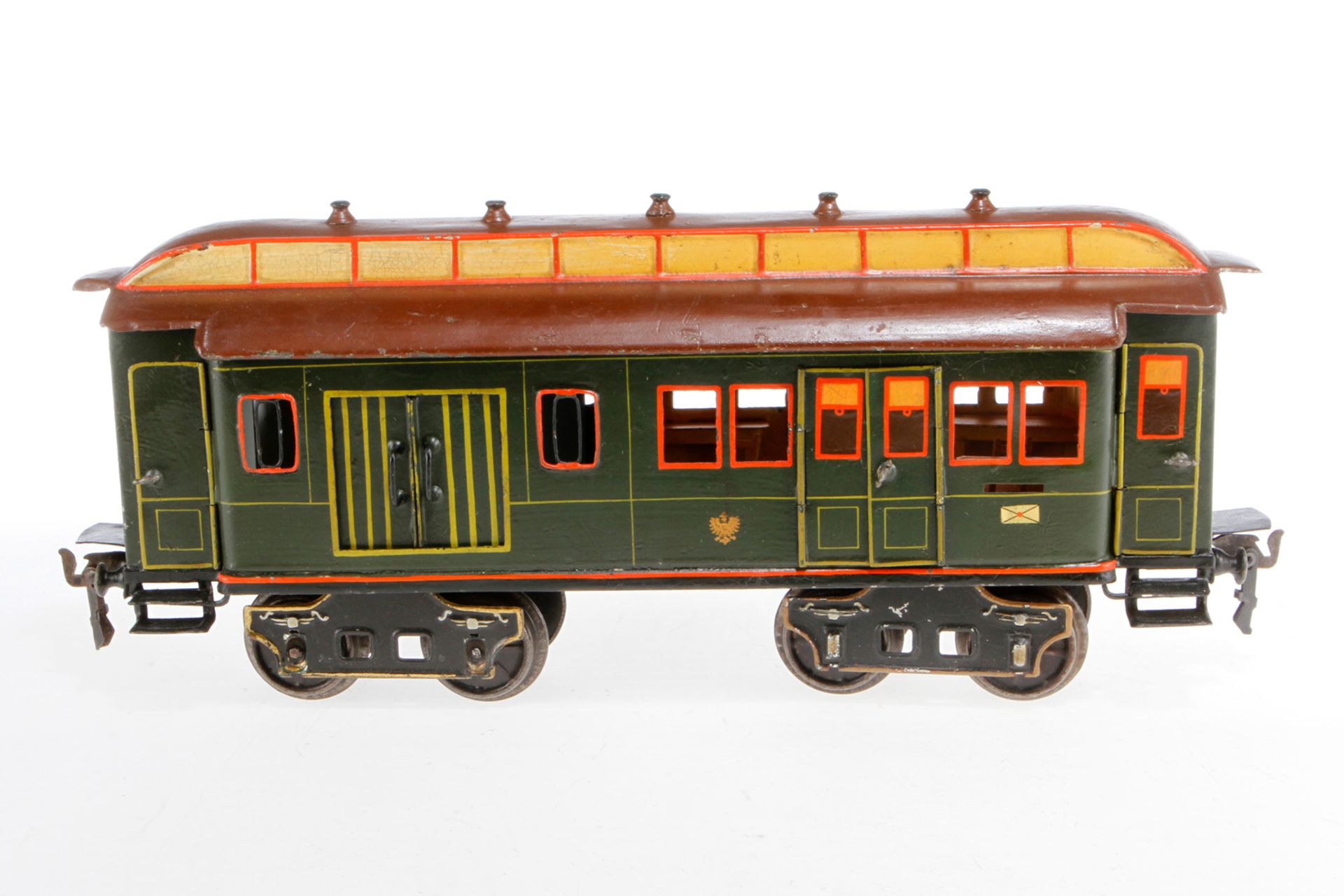 Märklin Post/Gepäckwagen 1844, S 2, uralt, grün, handlackiert, mit Diensteinrichtung, 4 AT, 4 ST und