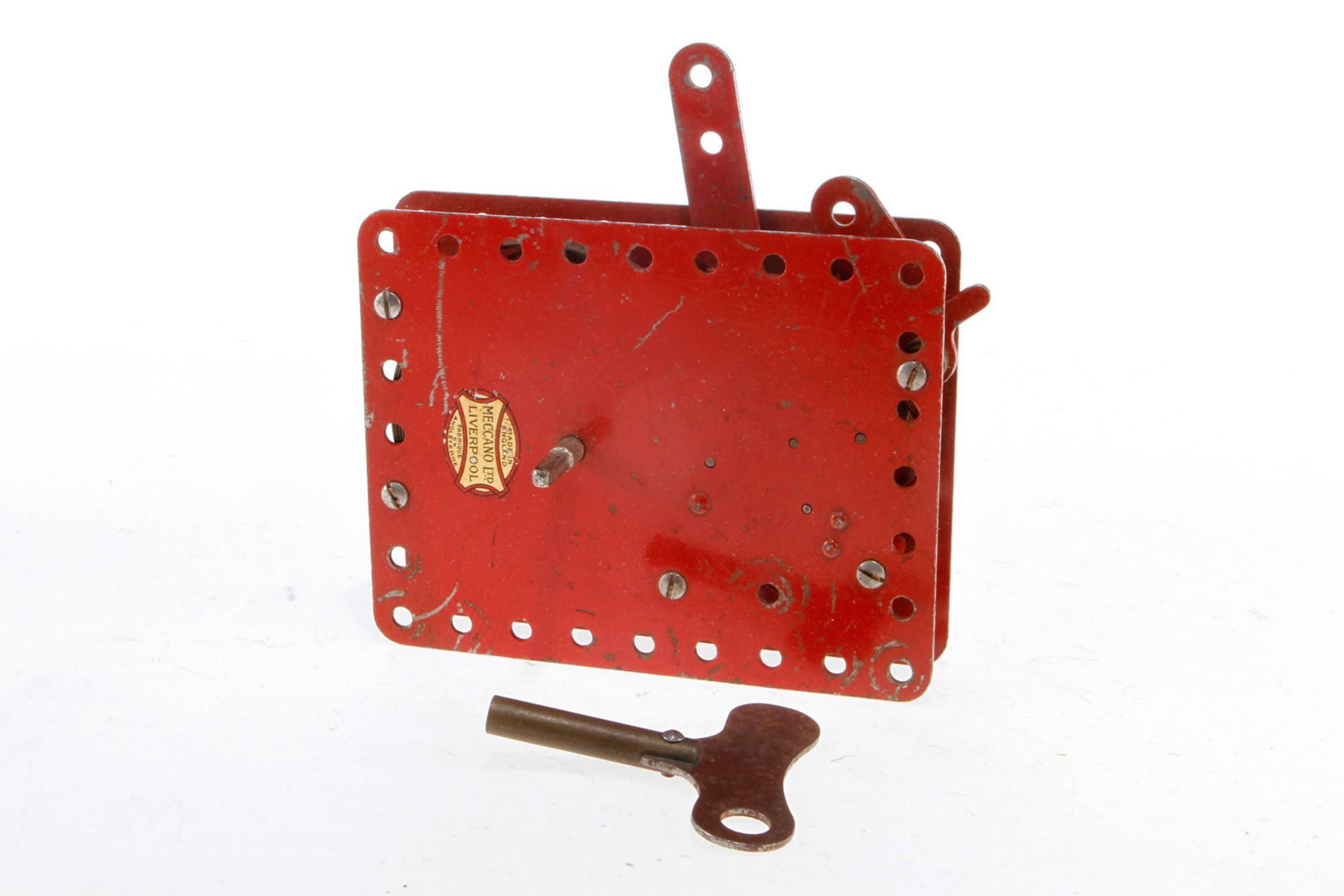 Meccano Uhrwerkmotor 1 A, intakt, rot, mit Schlüssel, Lackschäden, H 11,5, Originalkarton, Z 3