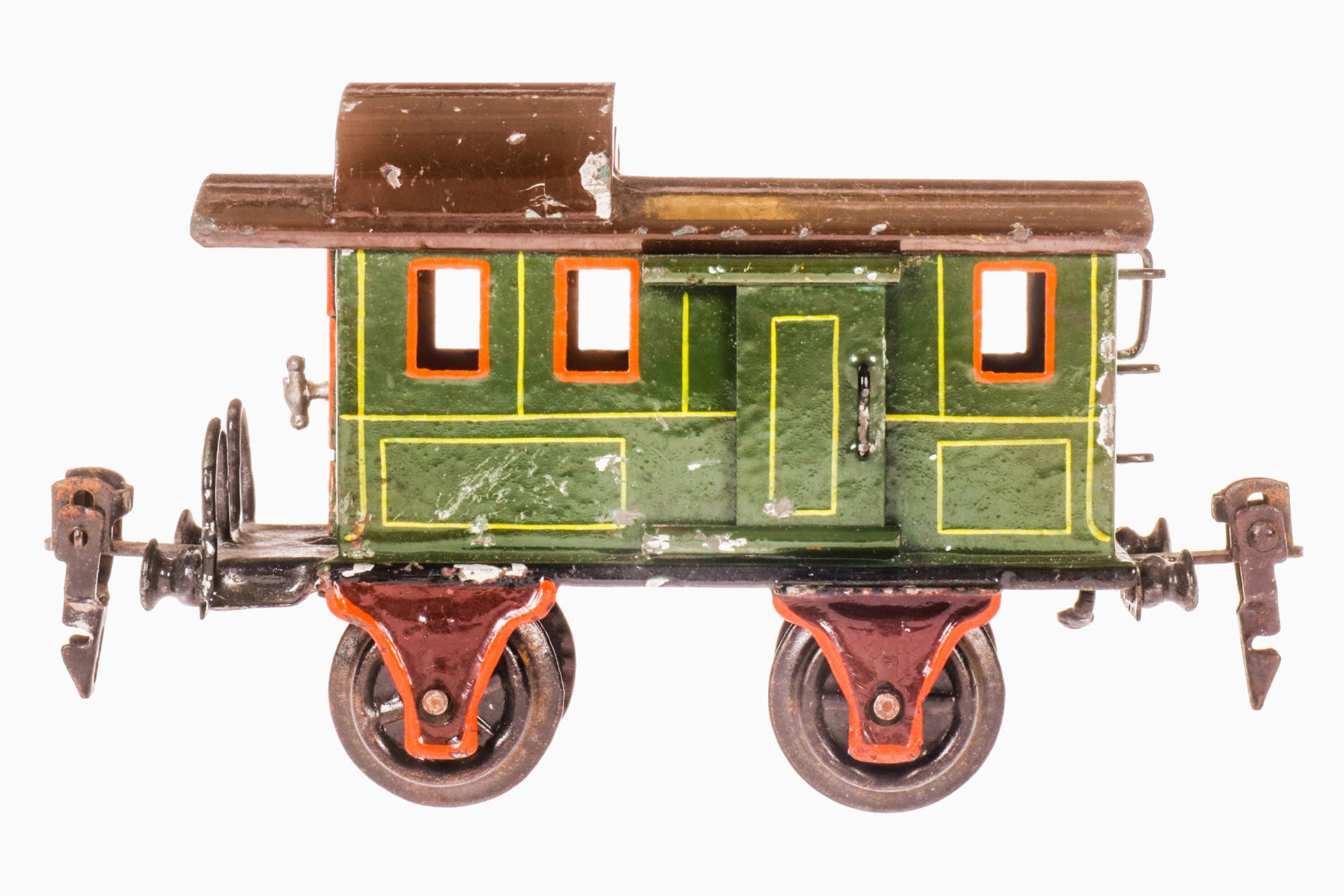 Märklin Gepäckwagen 1836, S 0, uralt, handlackiert, mit Diensteinrichtung, 1 AT und 2 ST, Lackschäde