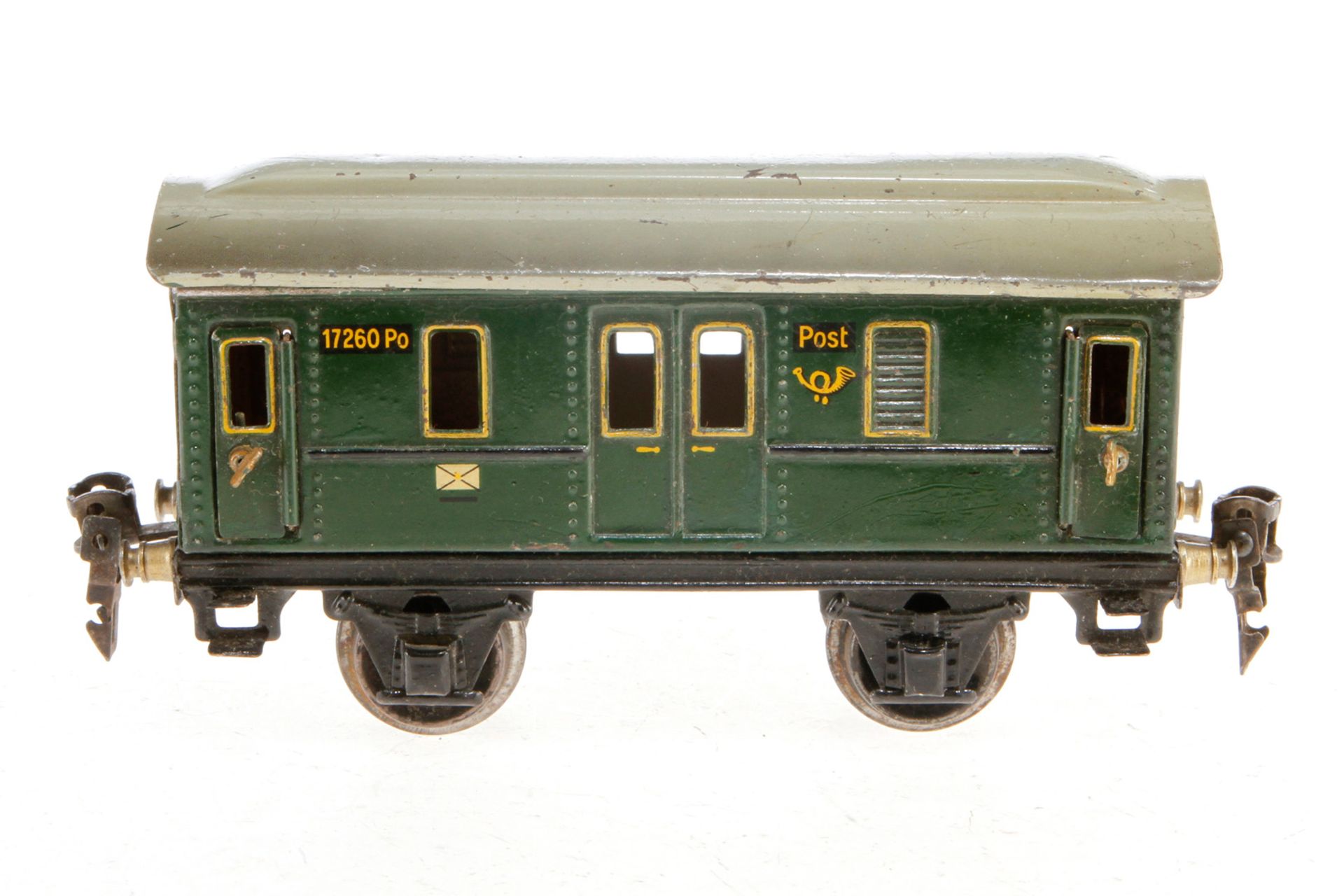 Märklin Postwagen 1726, S 0, Chromlithographie, mit 4 AT, Lackschäden, L 16,5, Z 3