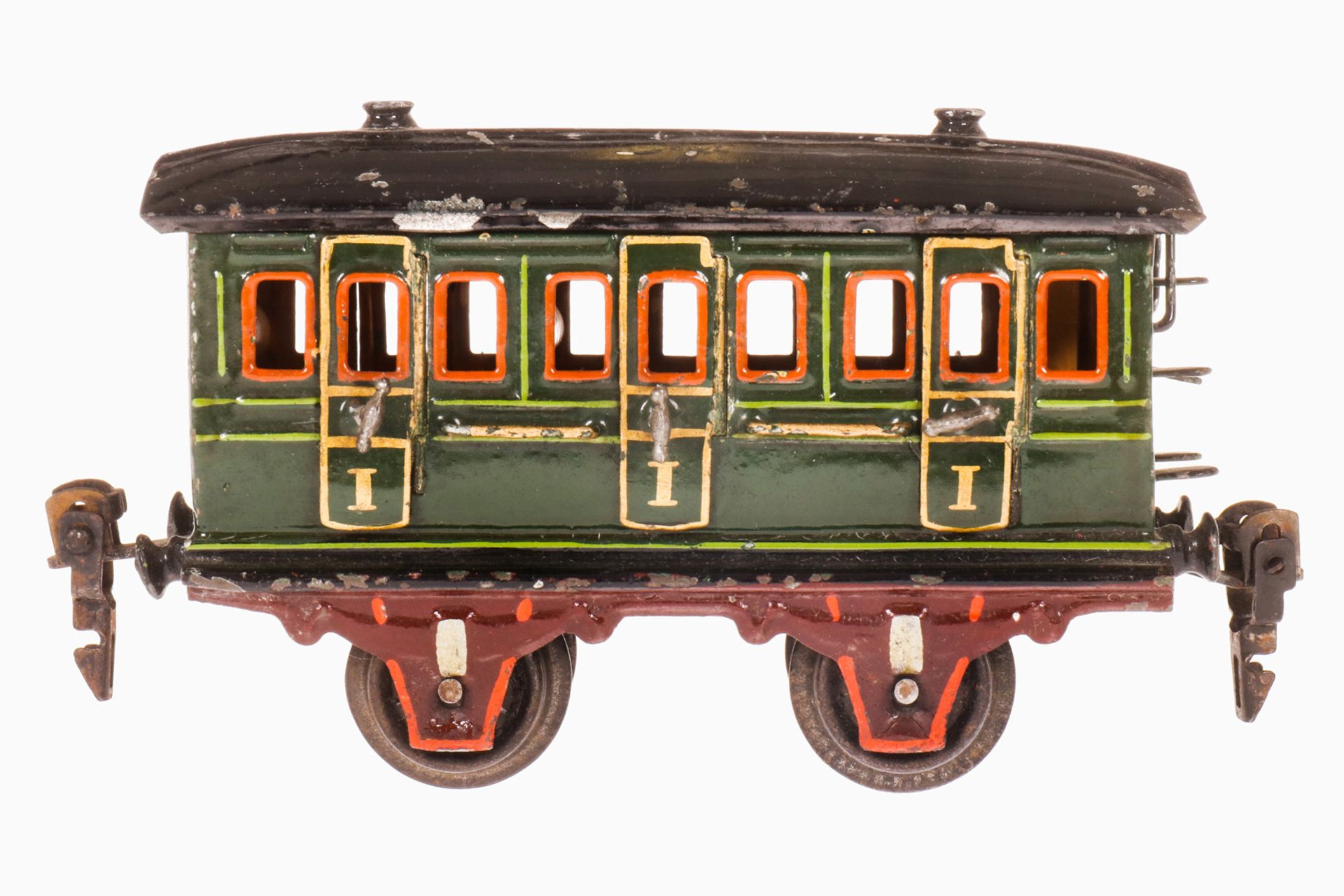 Märklin Abteilwagen 1856, S 0, uralt, grün, handlackiert, mit Inneneinrichtung und 6 AT, Lackschäden