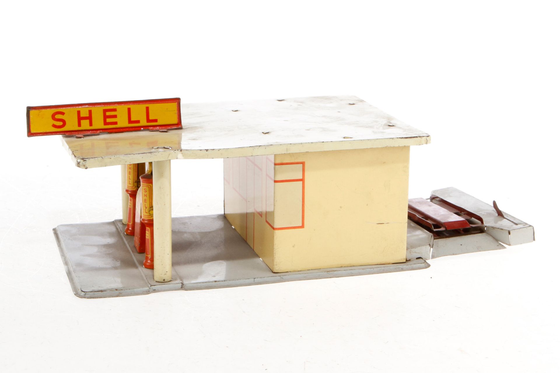 Shell Tankstelle, Blech, Chromlithographie, mit Wagenheber, Lackschäden, L 24,5, Z 3