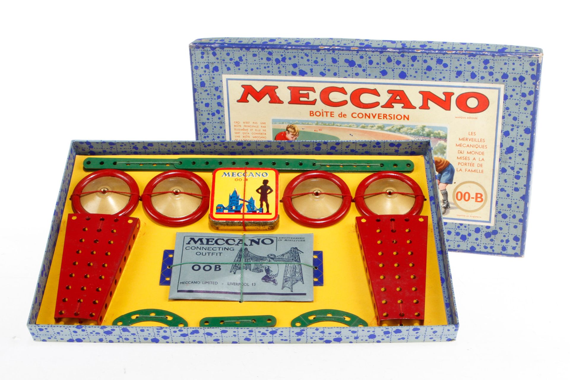 Meccano Autobaukasten 00-B, wohl komplett, Alterungsspuren und LS, Originalkarton, sonst Z 2