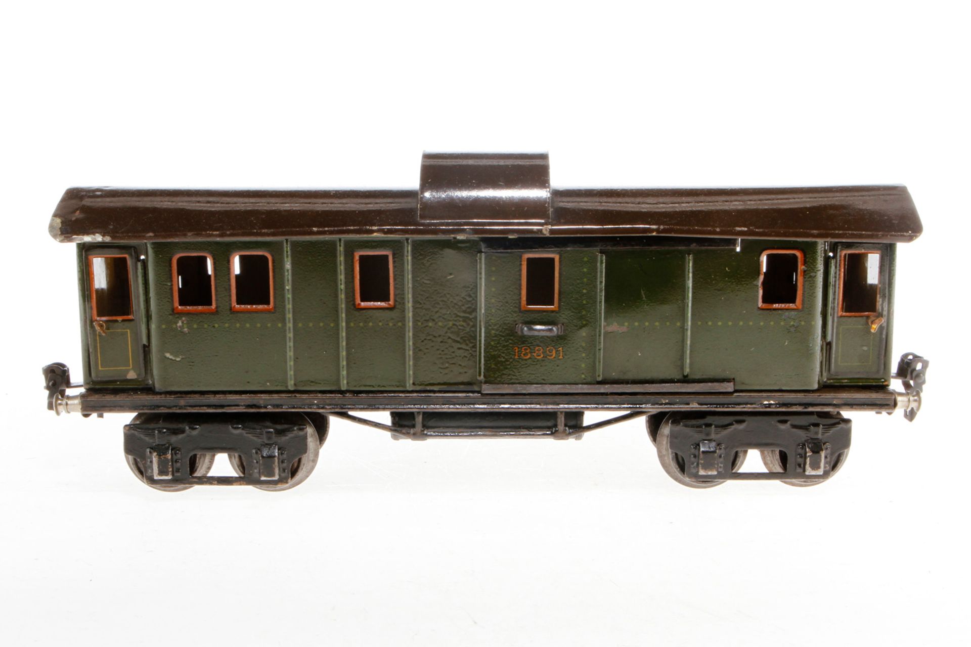 Märklin Gepäckwagen 1889, S 1, Chromlithographie, Fremdbohrungen, nicht vollständig, L 33,5, Z 4