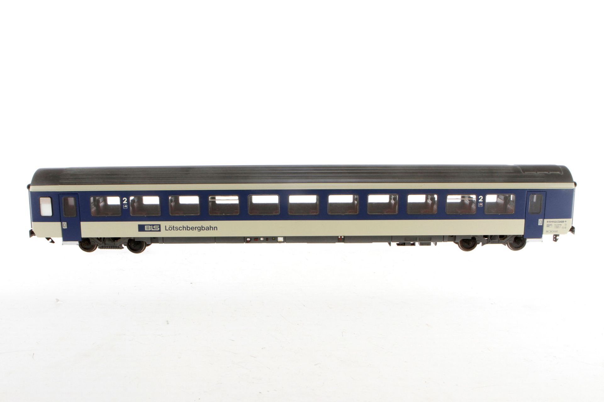 Hermann Personenwagen ”BLS Lötschbergbahn”, S 0, creme/blau, mit Inneneinrichtung und Beleuchtung, 2