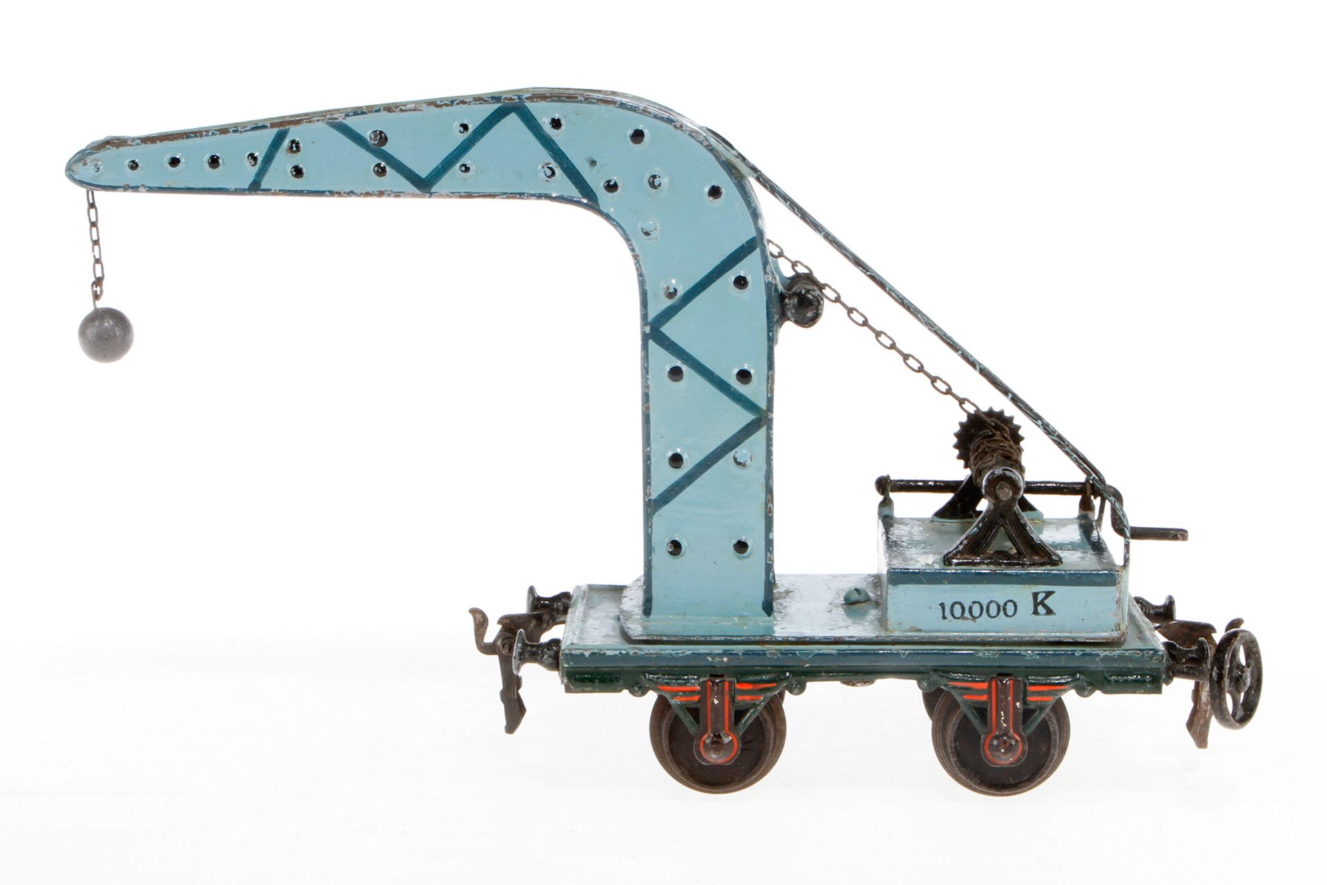 Märklin Kranwagen, S 1, uralt, handlackiert, mit 2 Kurbeln und Kette, Kugelhaken ersetzt, Lackschäde