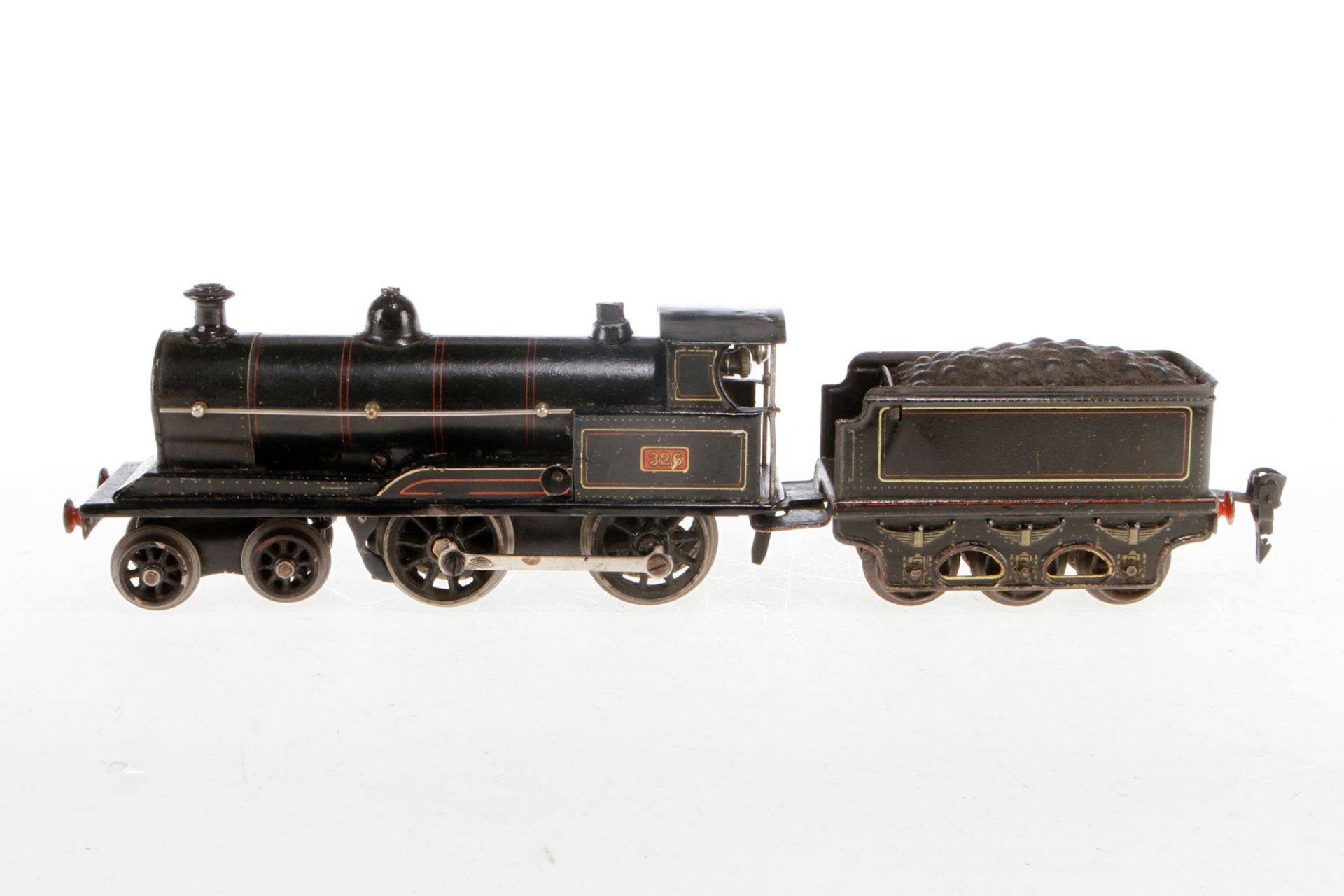 Märklin engl. 2-B Dampflok 326, S 0, Uhrwerk intakt, schwarz, mit Tender, teilweise nachlackiert, La