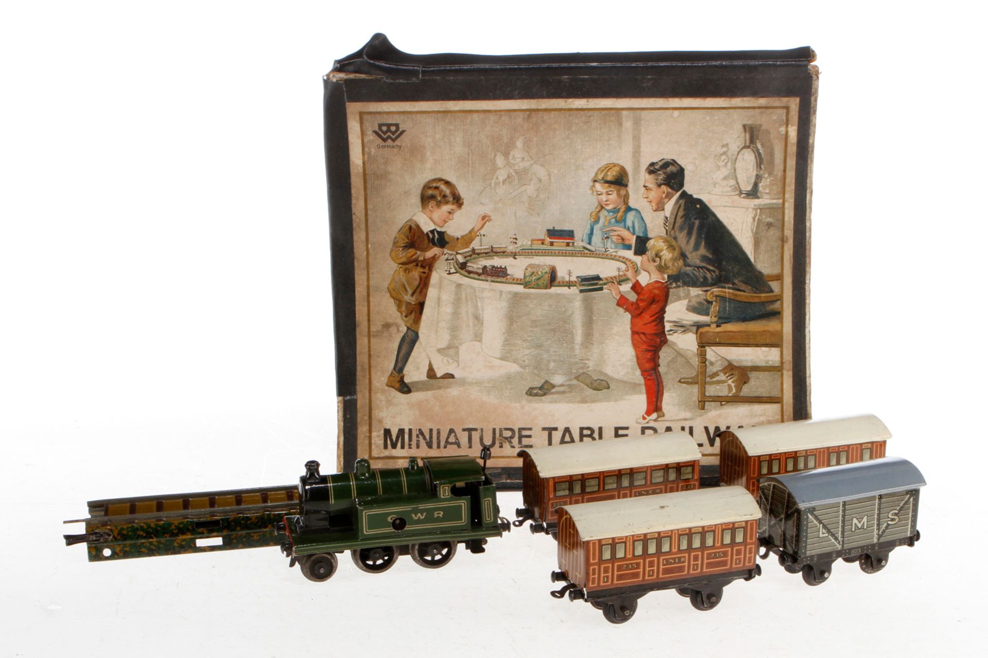 Bing engl. Tischbahn Zugpackung, Chromlithographie, Uhrwerk intakt, mit Tenderlok, 4 Wagen und 3