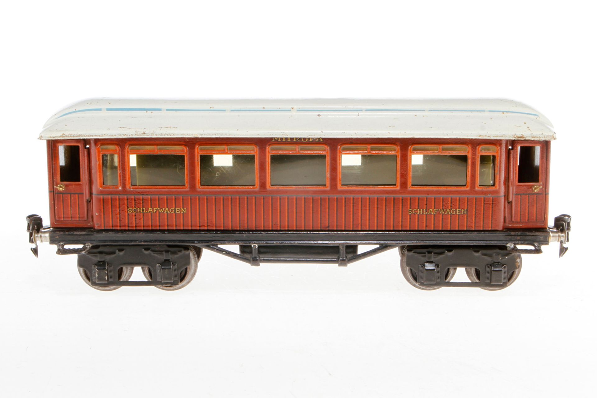 Märklin Mitropa Schlafwagen 1888, S 1, Chromlithographie, mit Inneneinrichtung und 4 AT, Fremdbohrun