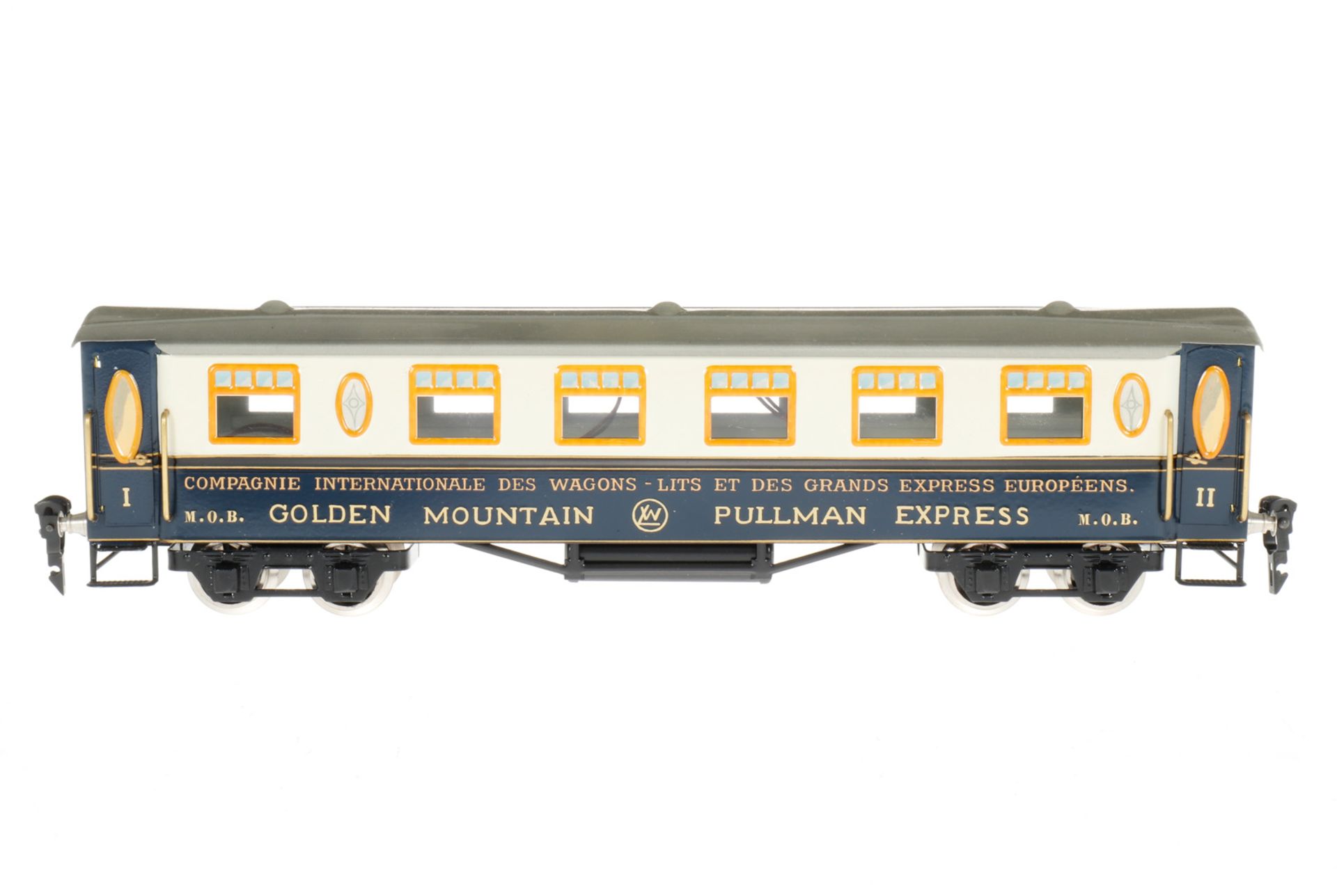 Twerenbold schweizer Personenwagen MOB, S 0, weiß/blau, HL, mit 4 AT und Innenbeleuchtung, kleine LS