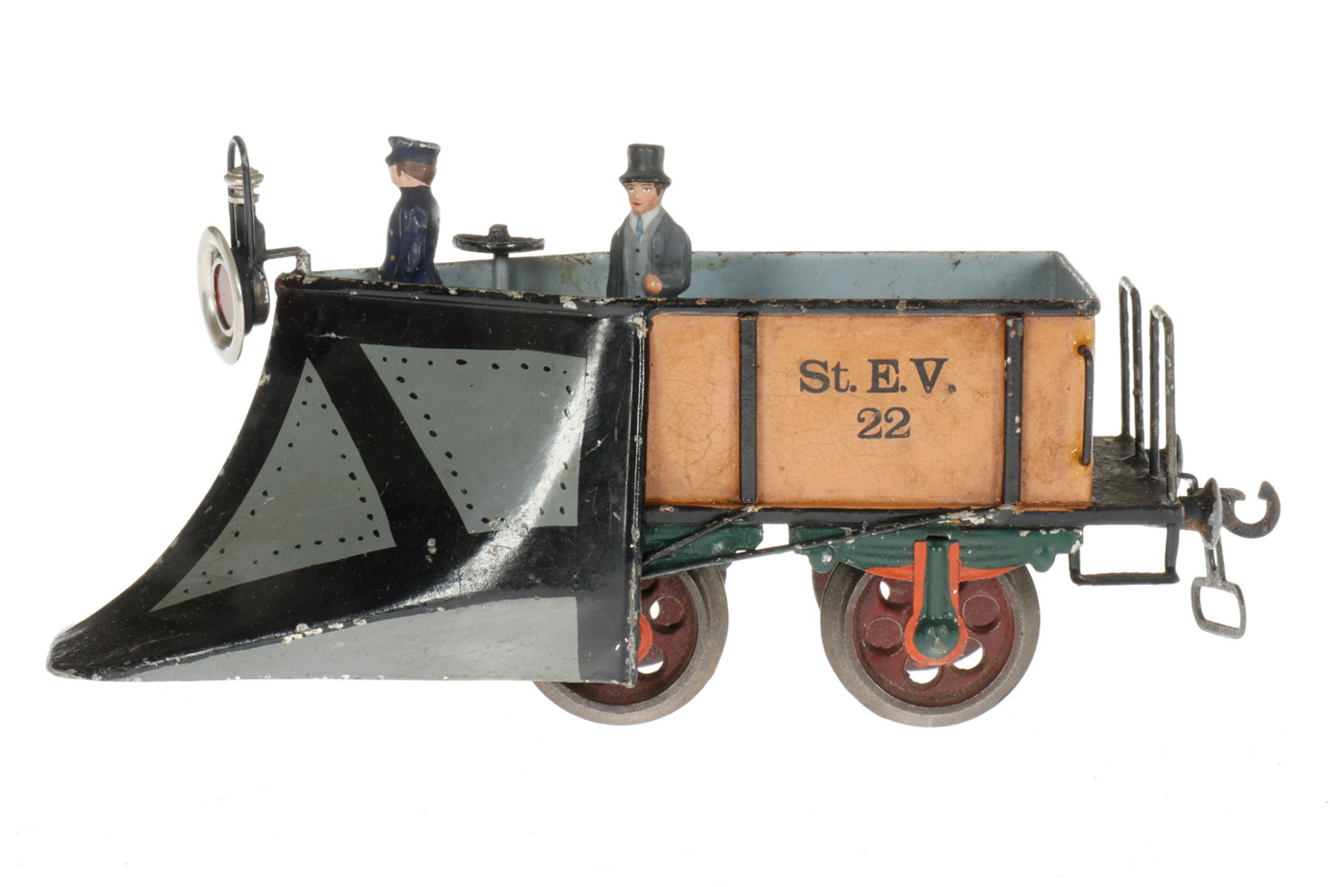 Märklin Schneepflug 1888, S 2, uralt, HL, mit Gussrädern und Bügelkupplung, Laterne und Figuren