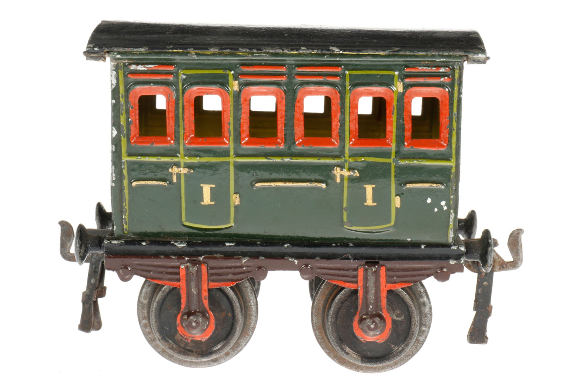 Märklin Abteilwagen 1855, S 1, uralt, grün, HL, LS und gealterter Lack, L 12,5, Z 2-3
