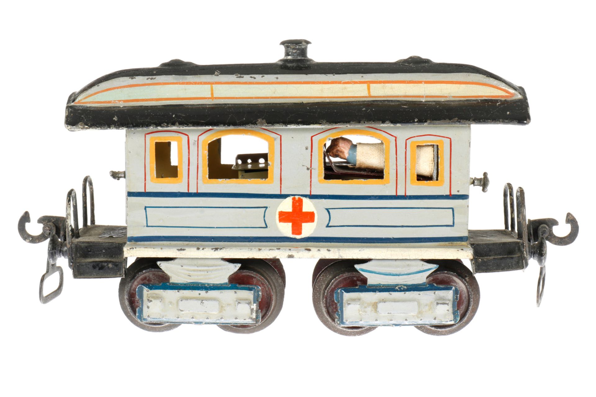 Märklin Sanitätswagen 1848, S 0, uralt, HL, mit Inneneinrichtung und 4 NB-Bahren, 2 AT,