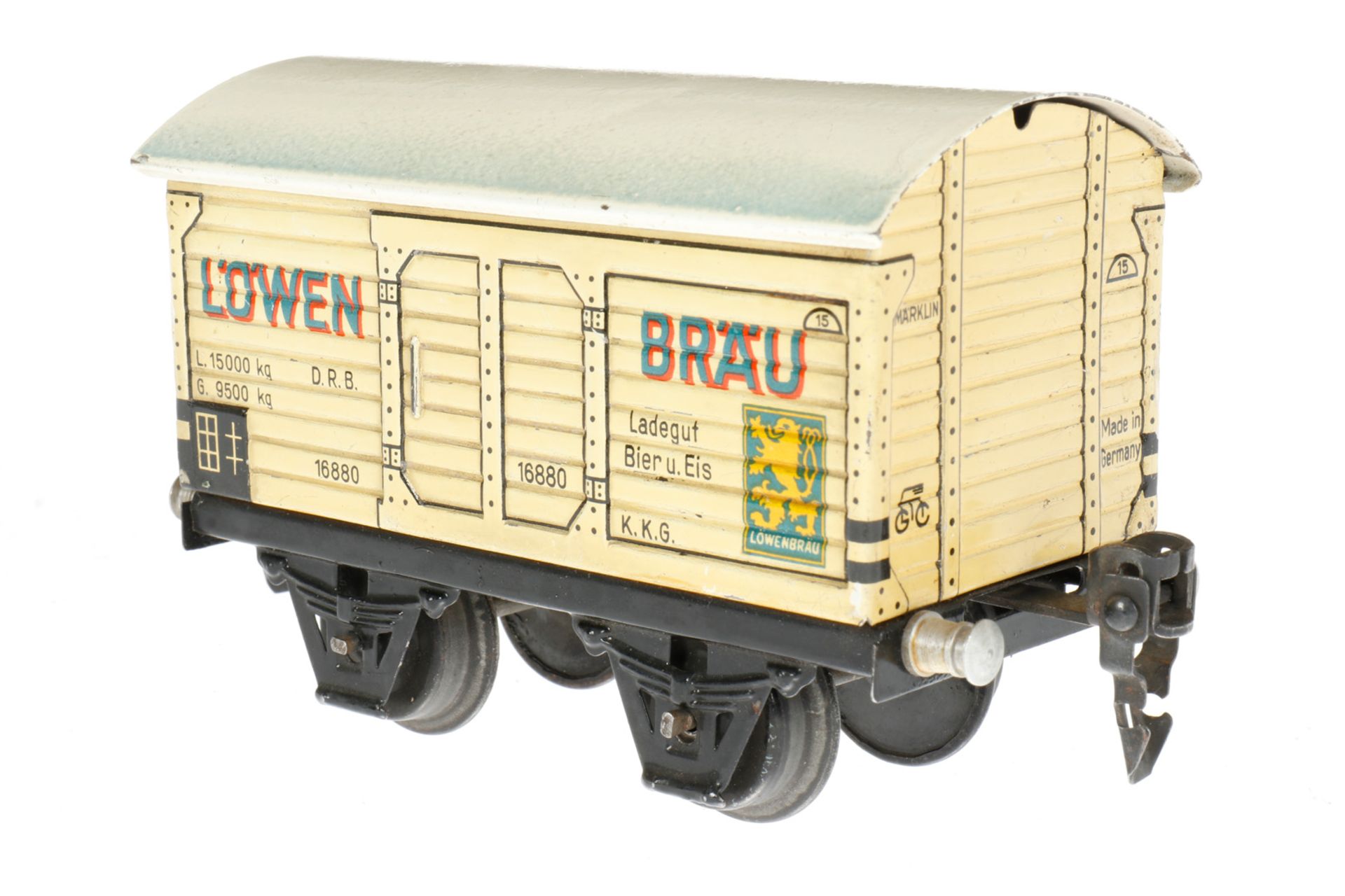 Märklin Löwenbräu Bierwagen 1688, S 0, CL, mit 1 ST, LS und gealterter Lack, L 13, Z 2-3 - Image 3 of 4