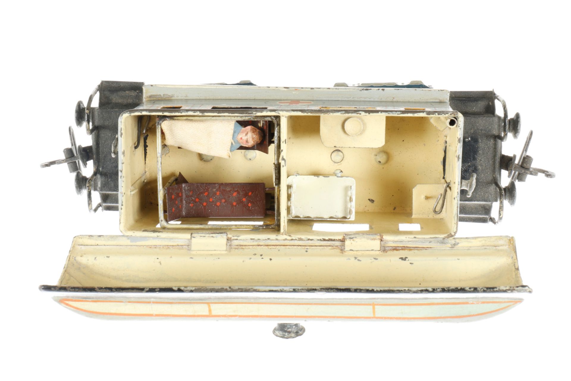 Märklin Sanitätswagen 1848, S 0, uralt, HL, mit Inneneinrichtung und 4 NB-Bahren, 2 AT, - Bild 4 aus 5