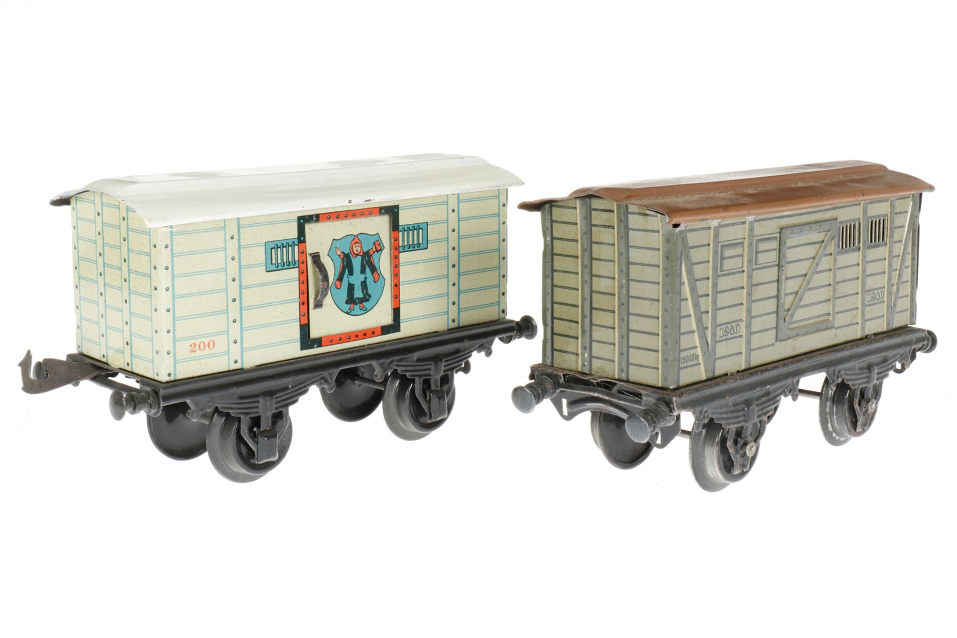 2 Bing Güterwagen 10/522 und 10328, S 1, CL, 1 ohne Kupplungen, LS und gealterter Lack, L 19, im