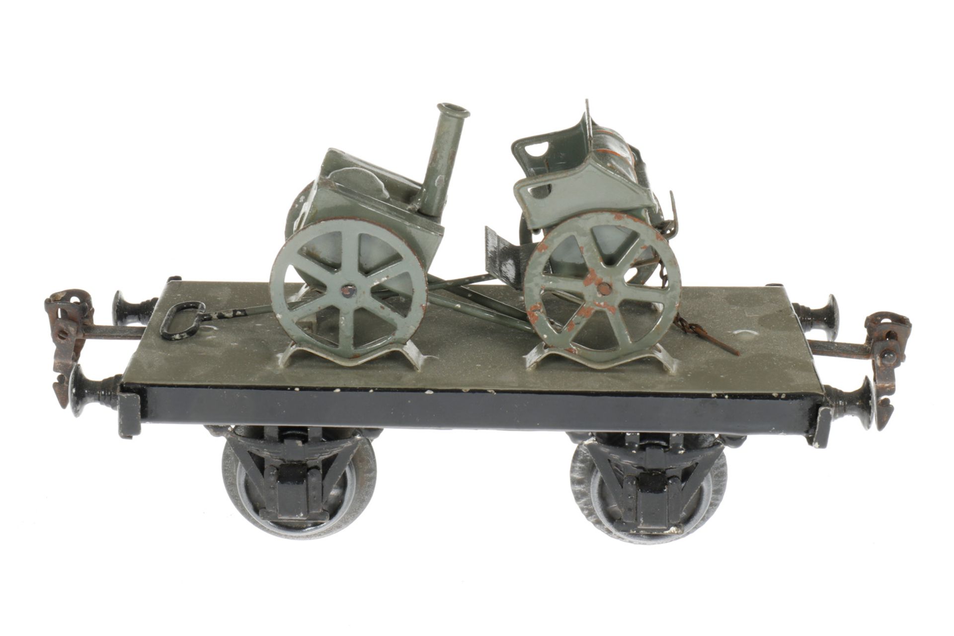 Märklin Militär-Plattformwagen 1925/8400/9, S 1, HL, mit Protze und Feldküche, LS und gealterter
