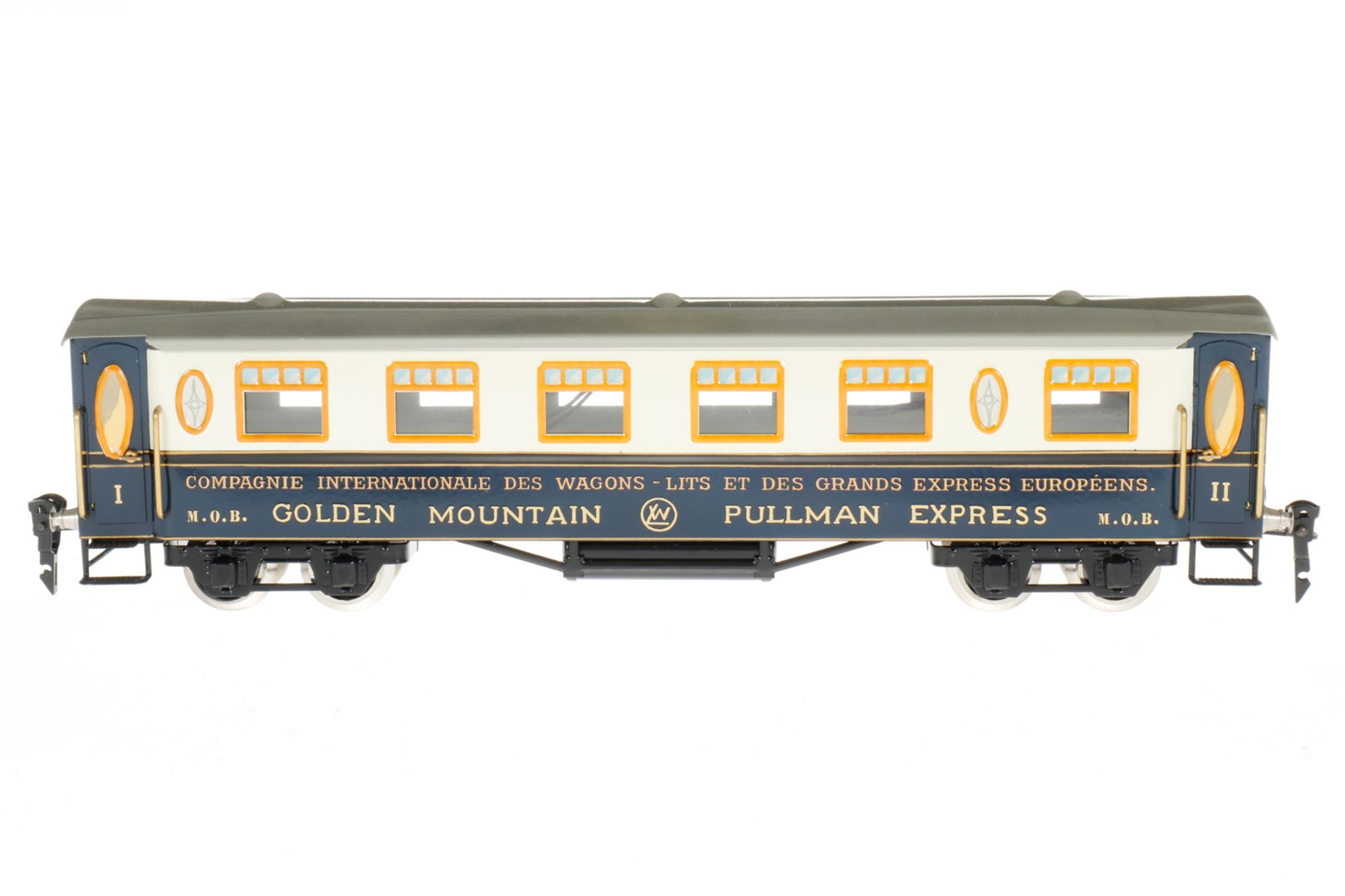 Twerenbold schweizer Personenwagen MOB, S 0, weiß/blau, HL, mit 4 AT und Innenbeleuchtung, kleine LS