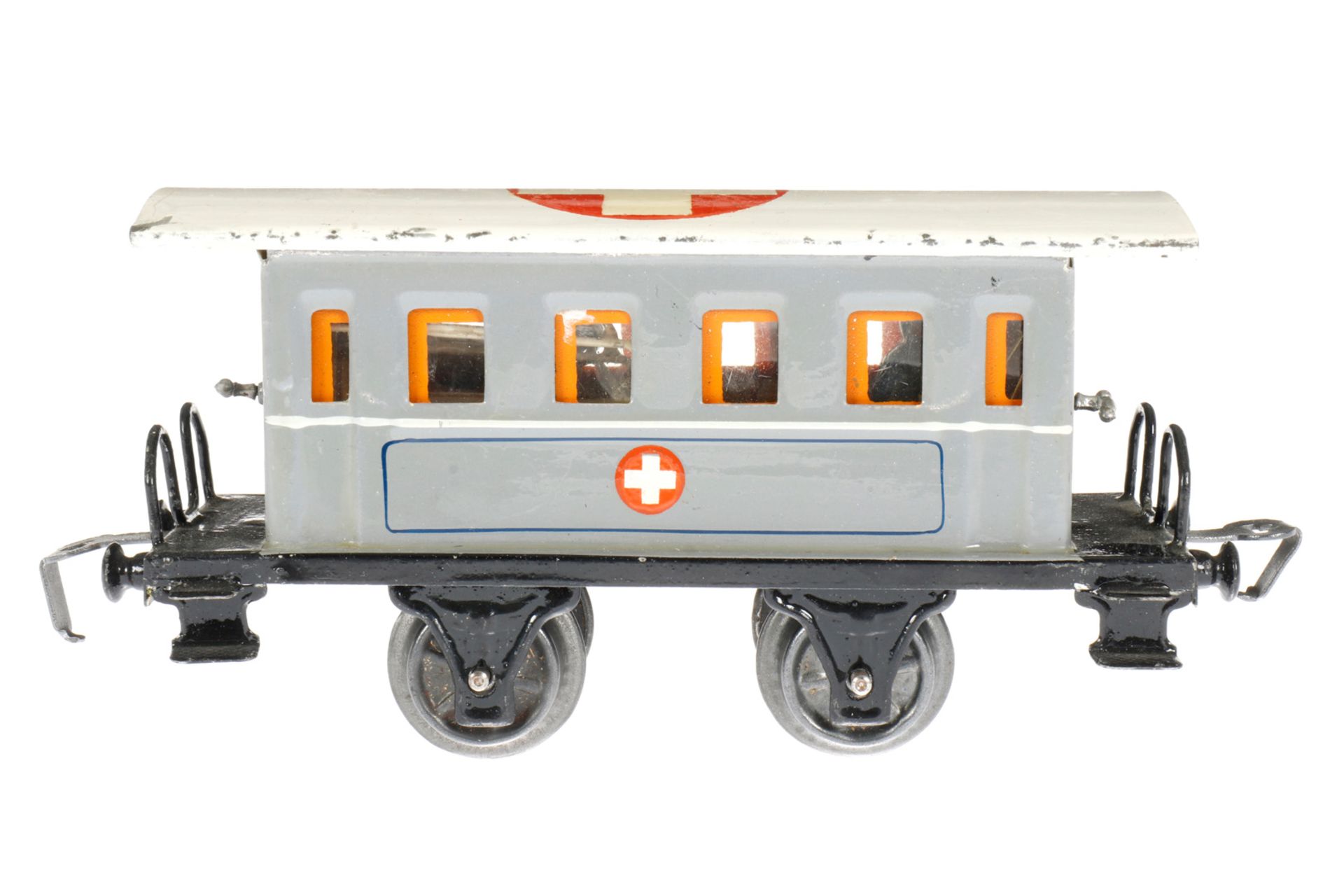 Märklin Sanitätswagen 1828 P, S 0, HL, mit Inneneinrichtung und 2 Bahren, LS und gealterter Lack,