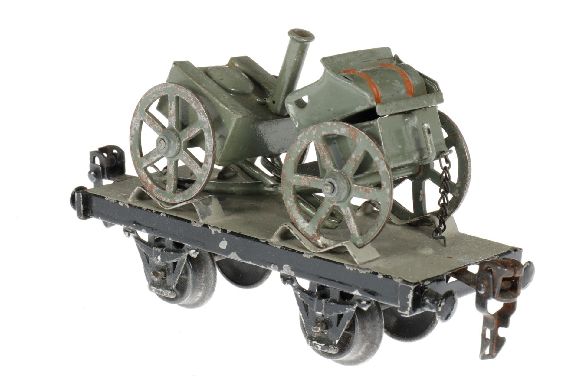 Märklin Militär-Plattformwagen 1925/8400/9, S 0, uralt, HL, mit Feldküche und Protze, LS und - Image 2 of 4