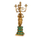 COPPIA DI FLAMBEAUX IN BRONZO DORATO E MALACHITE, XIX SECOLO