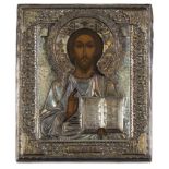 ICONA RAFFIGURANTE CRISTO CON RIZA IN ARGENTO DORATO, MOSCA, 1908-1917