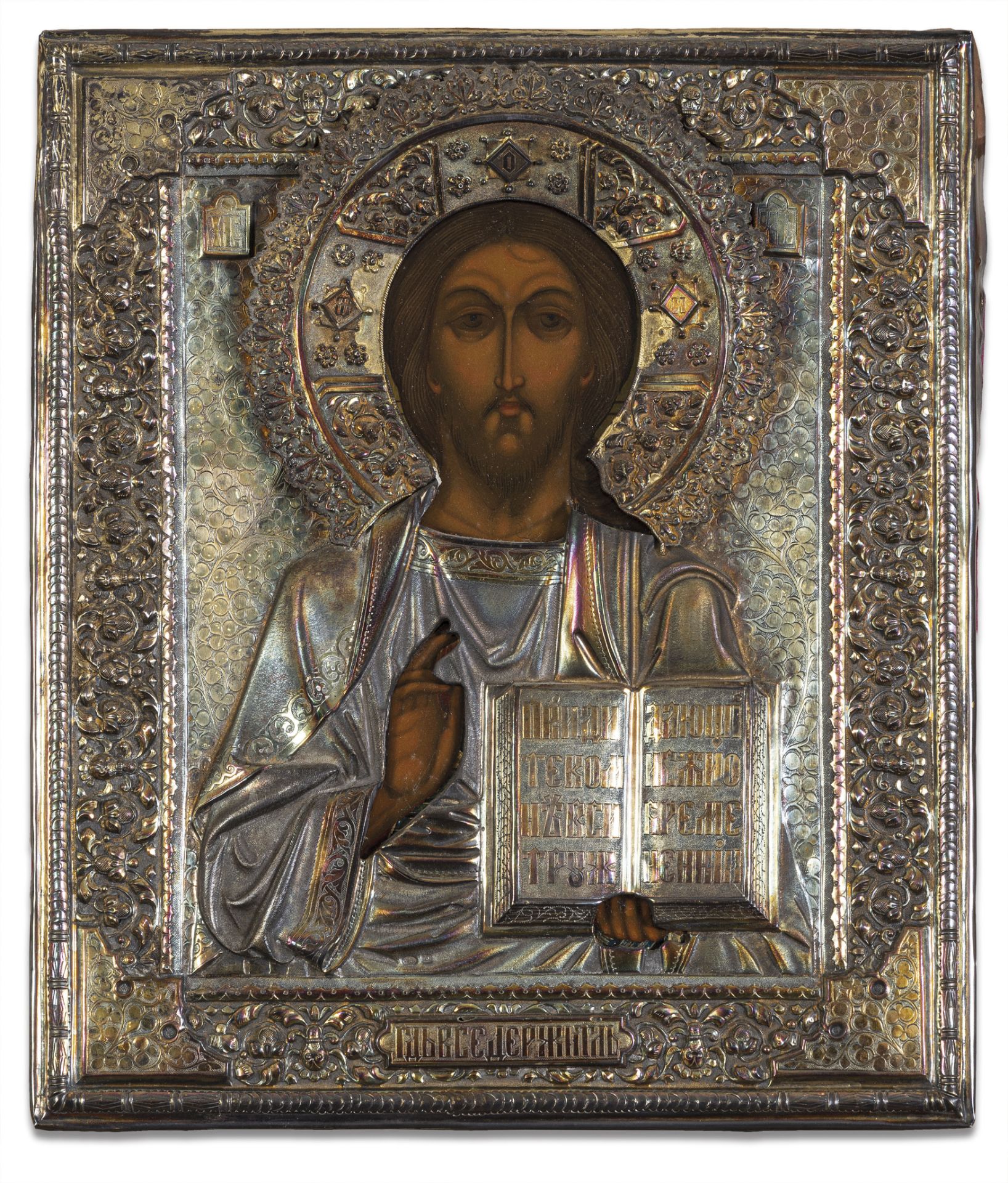 ICONA RAFFIGURANTE CRISTO CON RIZA IN ARGENTO DORATO, MOSCA, 1908-1917