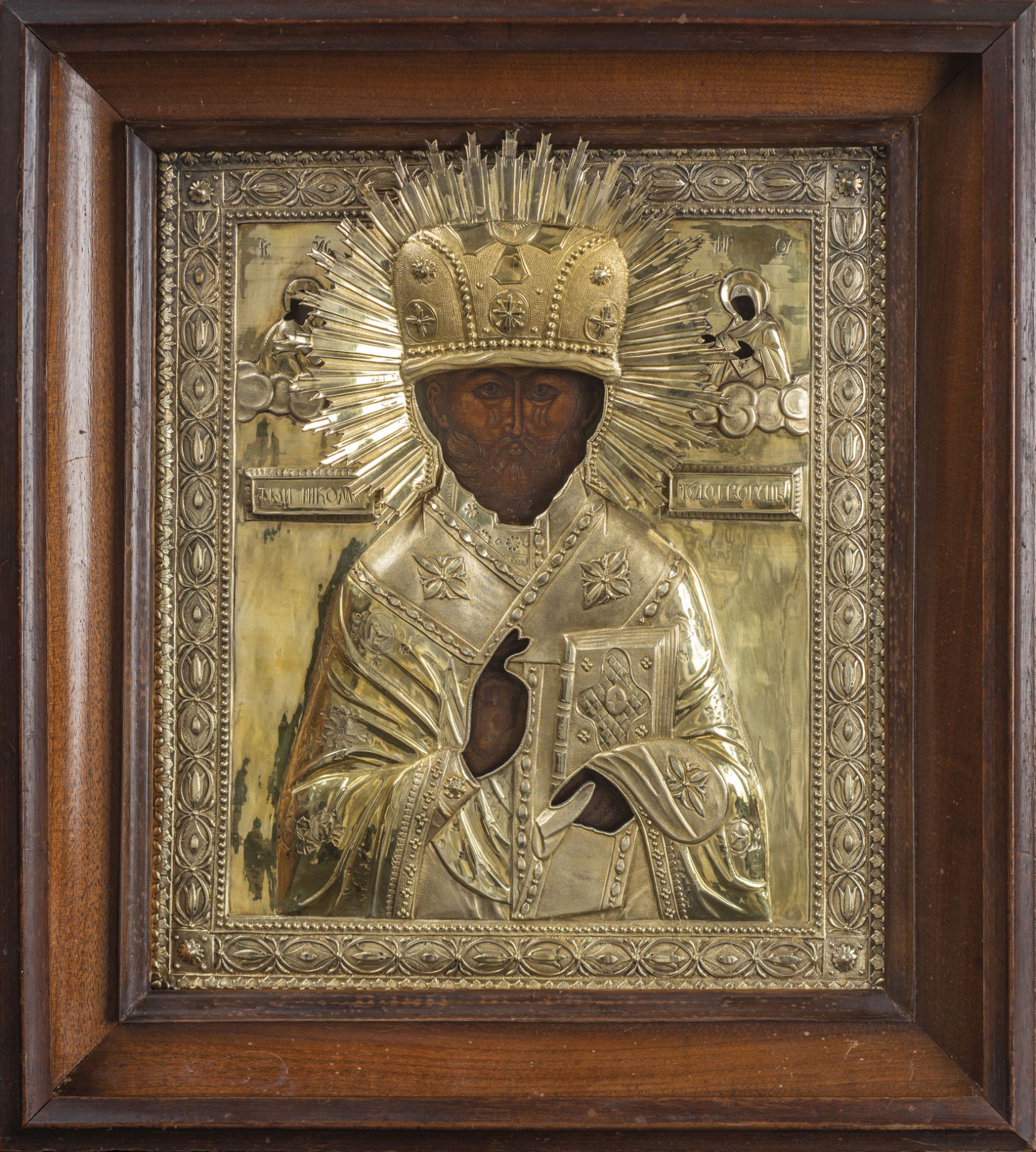 ICONA RAFFIGURANTE SAN NICOLA CON RIZA IN ARGENTO E CUSTODIA IN LEGNO, S. PIETROBURGO, 1817