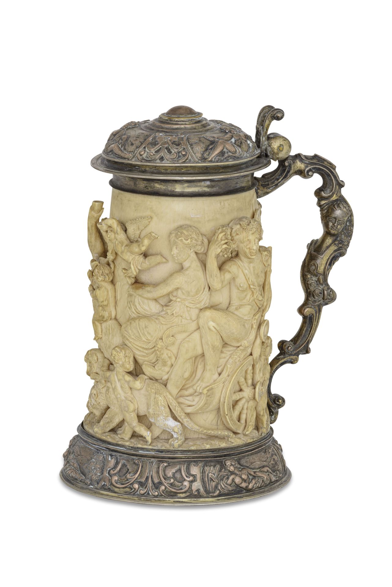 TANKARD IN AVORIO CON MONTATURA IN ARGENTO, GERMANIA, XIX SECOLO