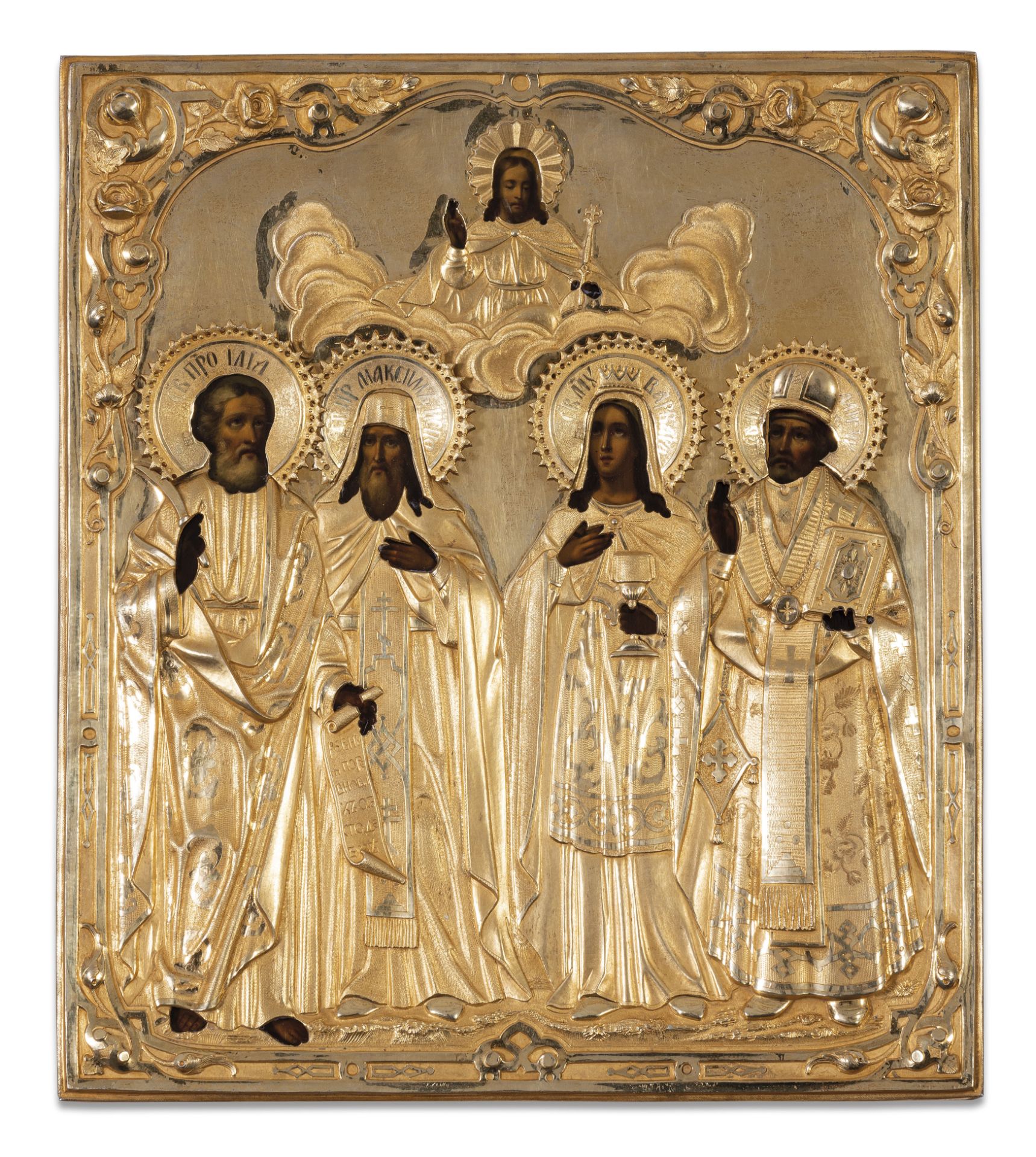 ICONA RAFFIGURANTE I SANTI ELIA, MASSIMO, BARBARA E NICOLA CON RIZA IN ARGENTO DORATO, MOSCA, 1863,