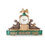 OROLOGIO D'APPOGGIO IN MALACHITE, BRONZO DORATO E PATINATO, FRANCIA FINE XIX SECOLO