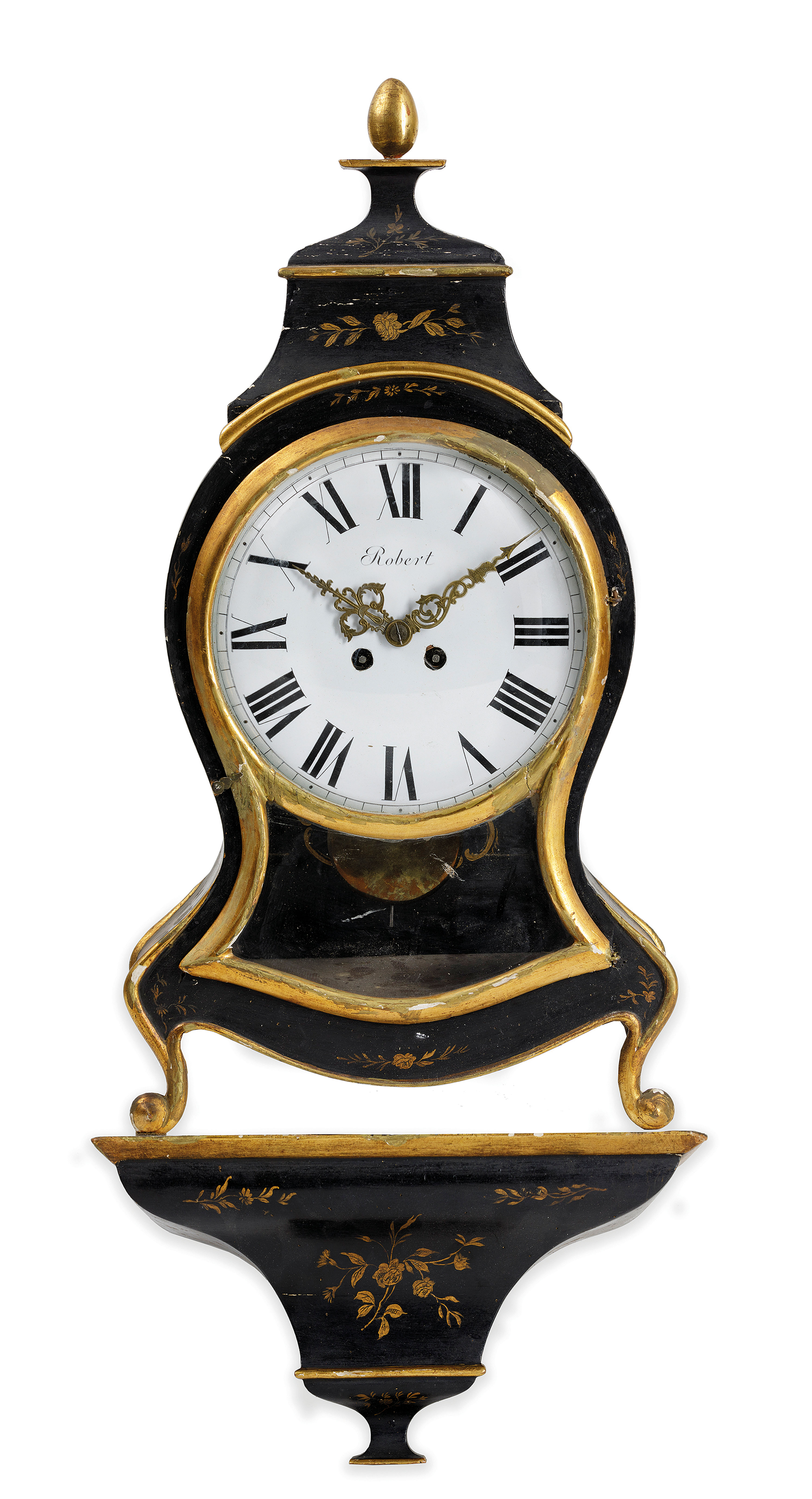 OROLOGIO A PENDOLO NEUCHATELOISE IN LACCA NERA E ORO, SVIZZERA, 1830 CIRCA