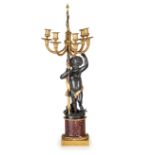 COPPIA DI GRANDI CANDELABRI IN BRONZO DORATO PATINATO E MARMO ROSSO ANTICO, XIX SECOLO