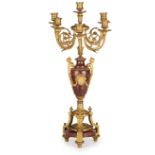 COPPIA DI CANDELABRI IN BRONZO DORATO E MARMO ROSSO, FRANCIA, SECONDA META' DEL XIX SECOLO