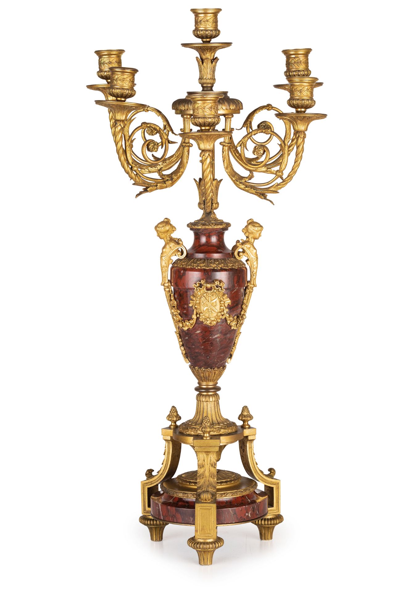 COPPIA DI CANDELABRI IN BRONZO DORATO E MARMO ROSSO, FRANCIA, SECONDA META' DEL XIX SECOLO