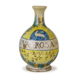 BOTTIGLIA IN MAIOLICA POLICROMA, FORNACE DI DERUTA, XVIII-XIX SECOLO