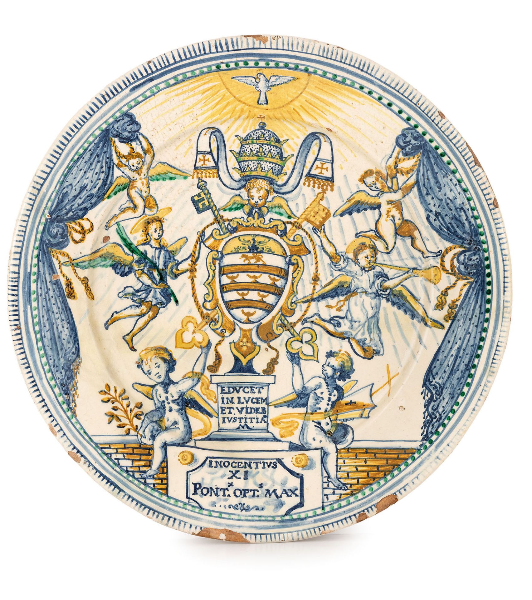 PIATTO DA PARATA IN MAIOLICA POLICROMA, FORNACE LAZIALE DEL 1670 CIRCA