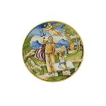 PIATTO IN MAIOLICA POLICROMA, FORNACE DI RIMINI O PATANAZZI AD URBINO, ULTIMO QUARTO DEL XVI SECOLO