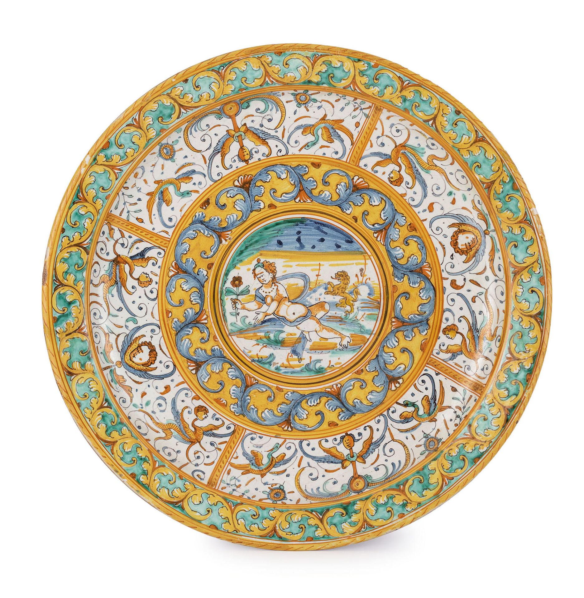 PIATTO DA PARATA IN MAIOLICA POLICROMA, BOTTEGA DI GIACOMO MANCINI DETTO IL FRATE, DERUTA, SECONDA