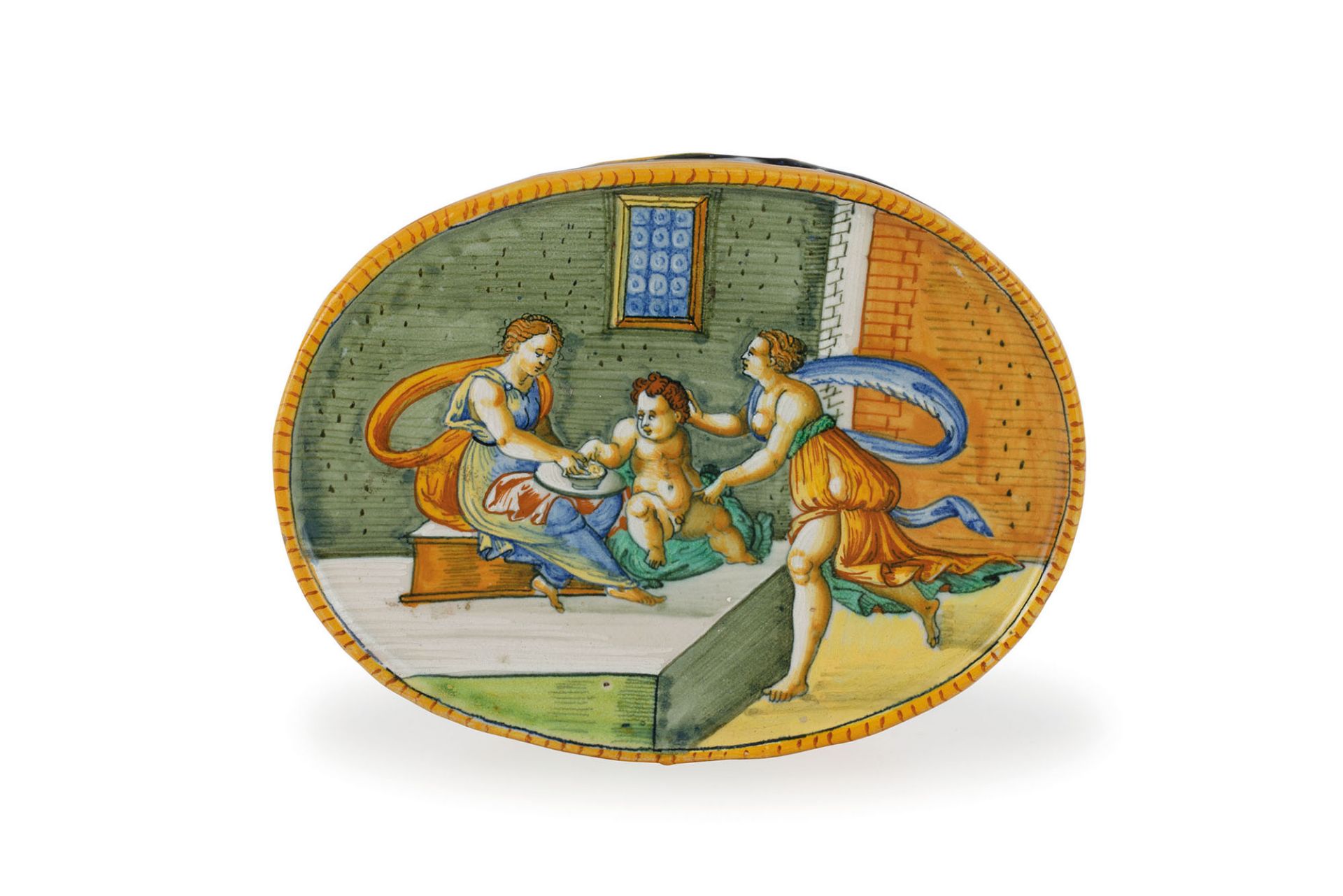 ELEMENTO IN MAIOLICA POLICROMA, FORNACE URBINATE DELLA META' DEL XVI SECOLO