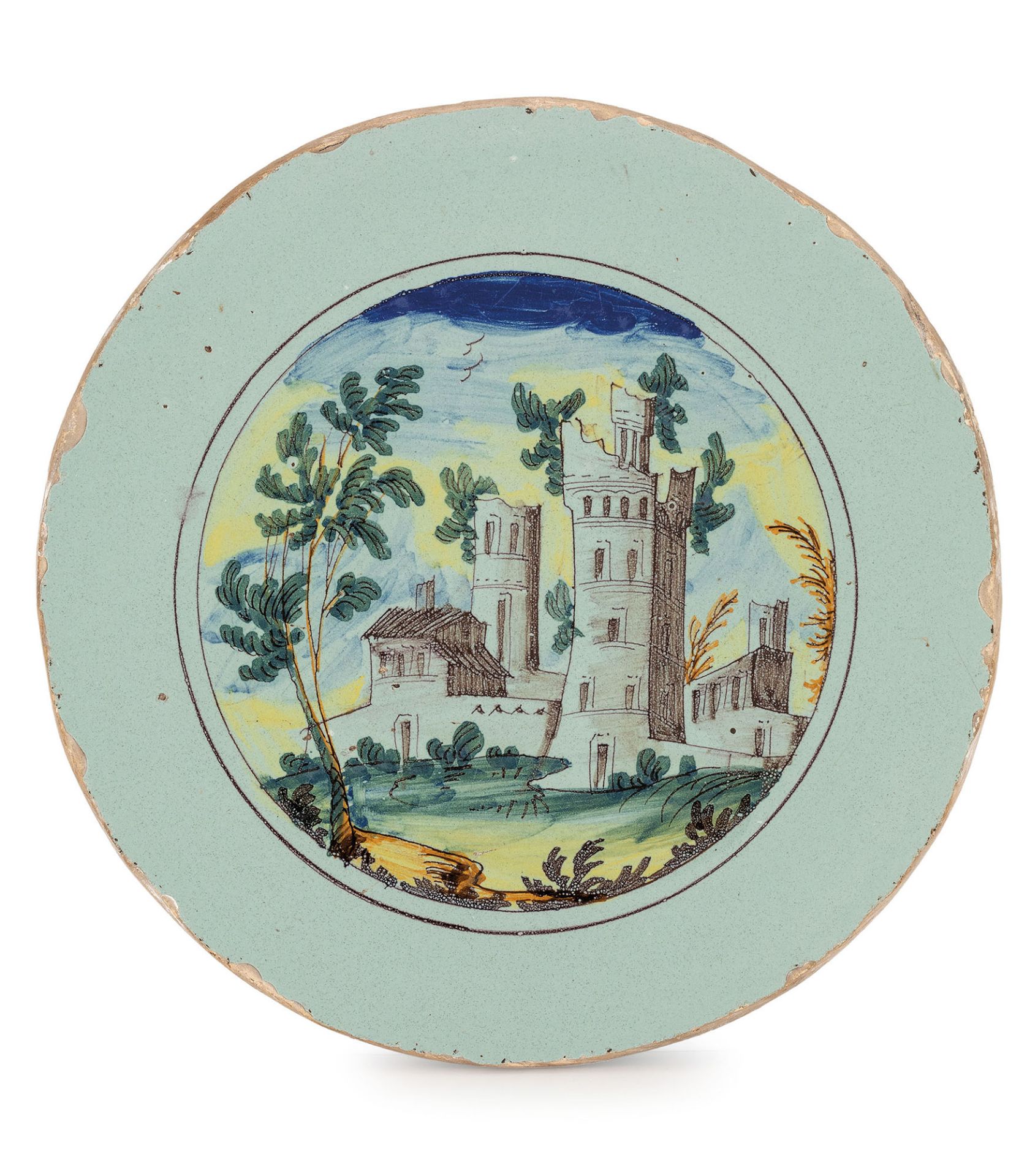 FRAMMENTO DI PIATTO IN MAIOLICA POLICROMA, FORNACE DI PAVIA, PRIMA META' DEL XVIII SECOLO