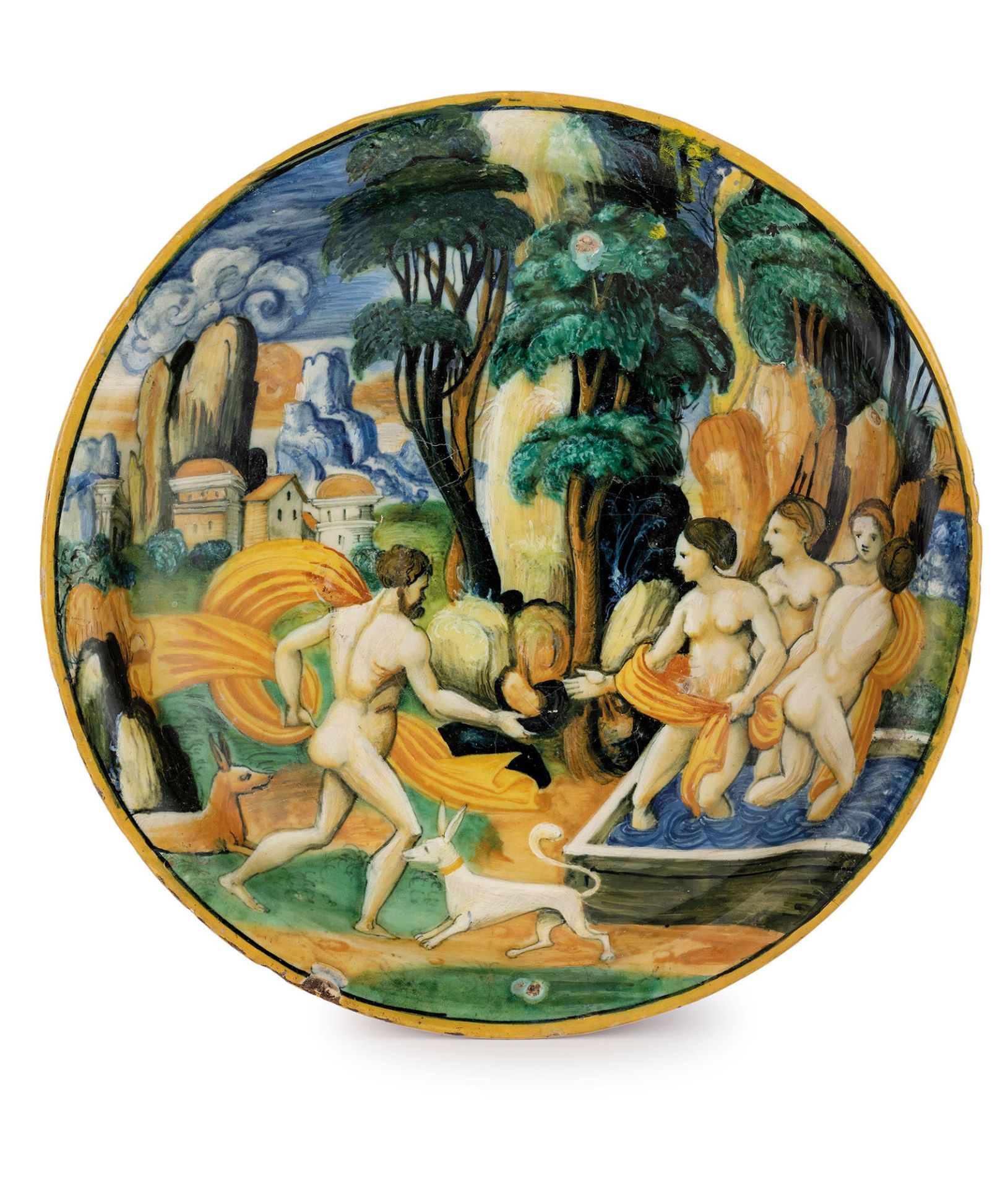 PIATTO IN MAIOLICA POLICROMA, FORNACE DI CASTELDURANTE, XVI SECOLO