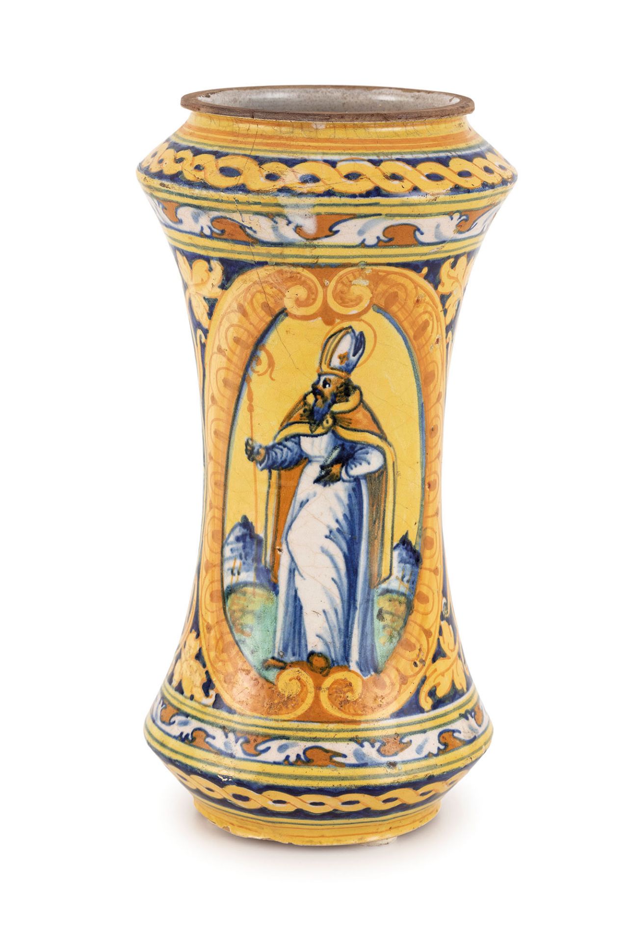 ALBARELLO IN MAIOLICA POLICROMA, FORNACE DI FAENZA, META' DEL XVI SECOLO