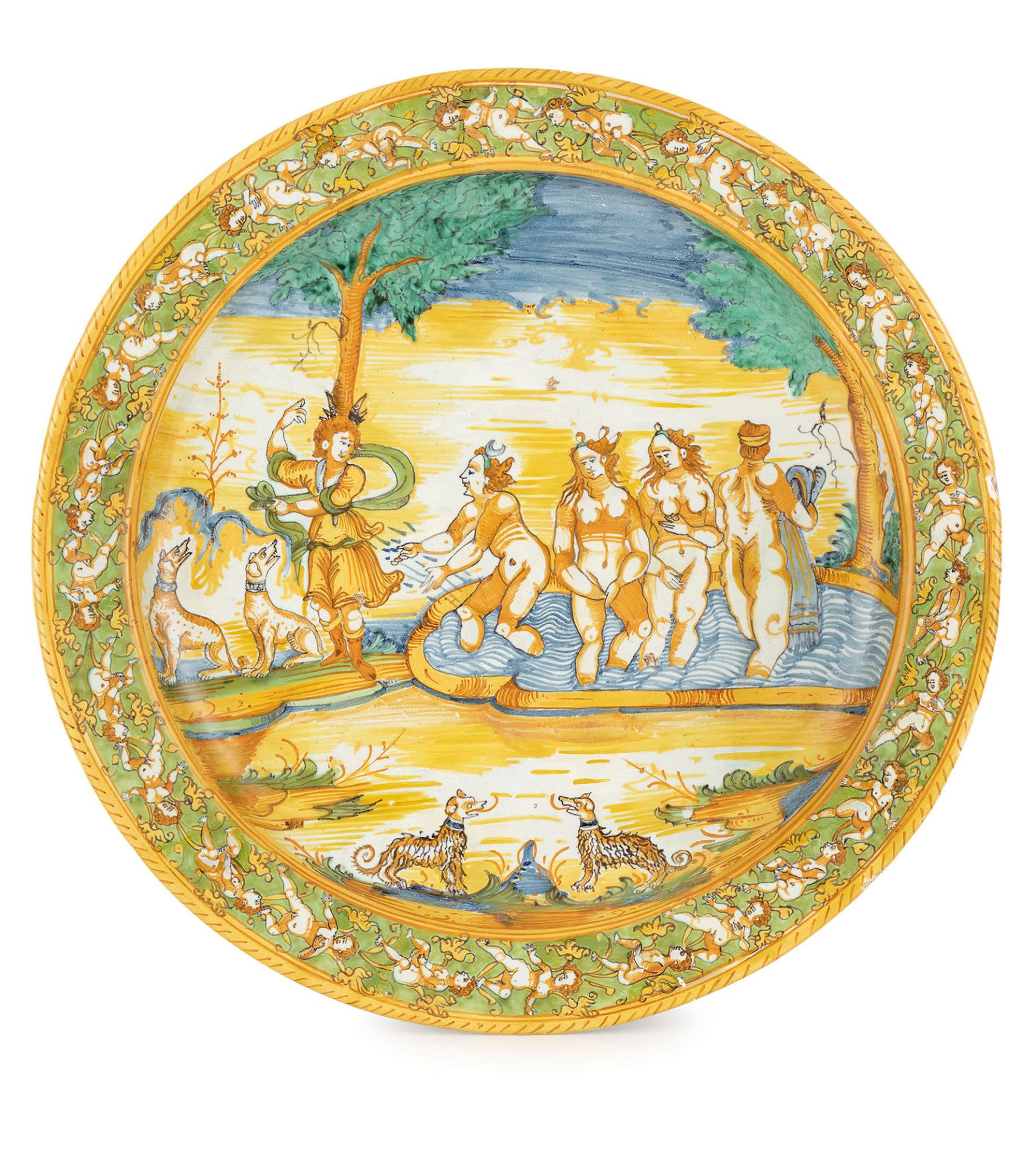 PIATTO IN MAIOLICA POLICROMA, FORNACE DI DERUTA, FORSE IL MAESTRO DI ATTEONE, META' DEL XVII SECOLO