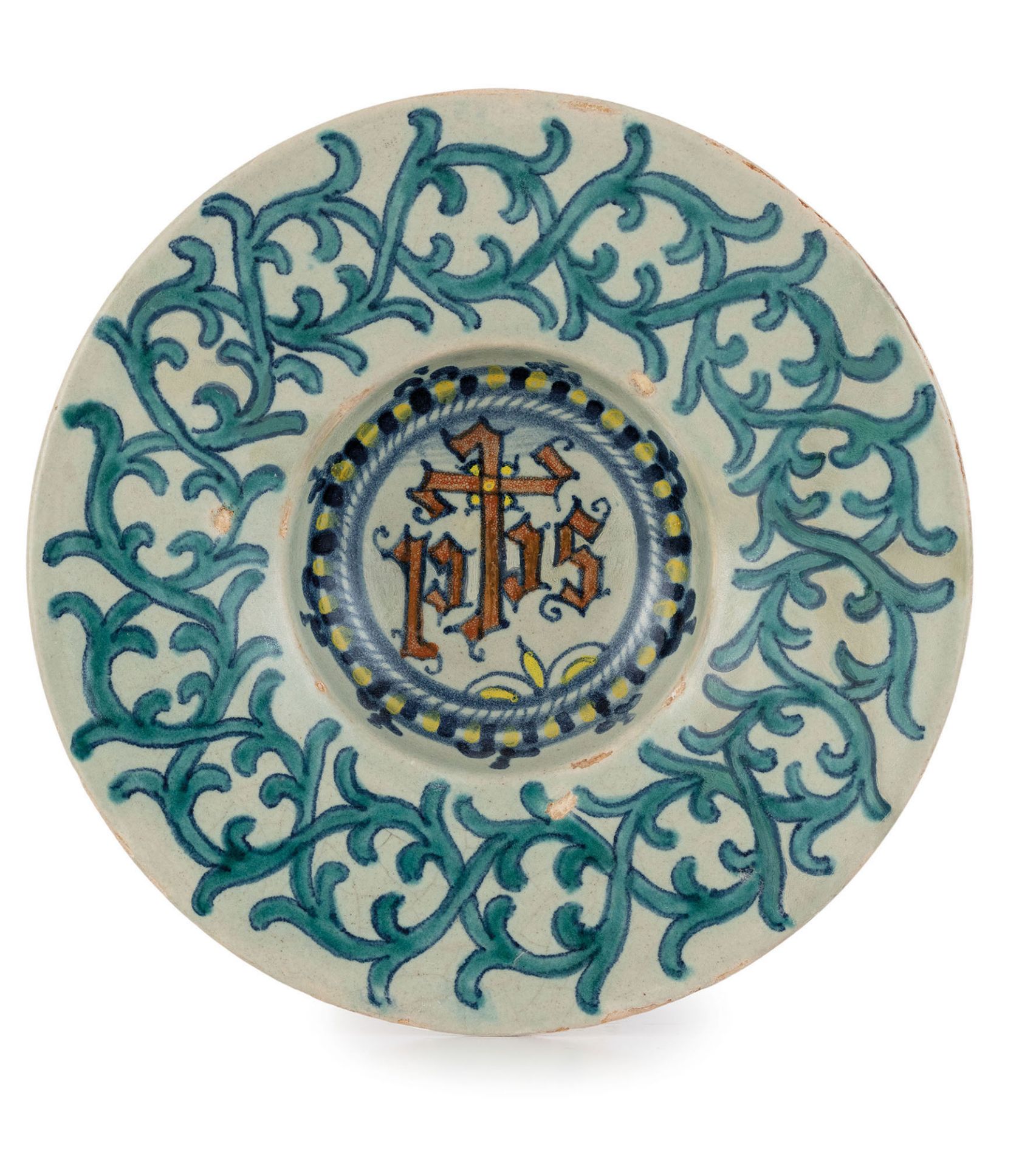 PIATTELLO IN MAIOLICA POLICROMA, FORNACE DI DERUTA, TARDO XVI SECOLO