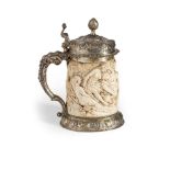 TANKARD IN AVORIO E ARGENTO, GERMANIA, XIX SECOLO