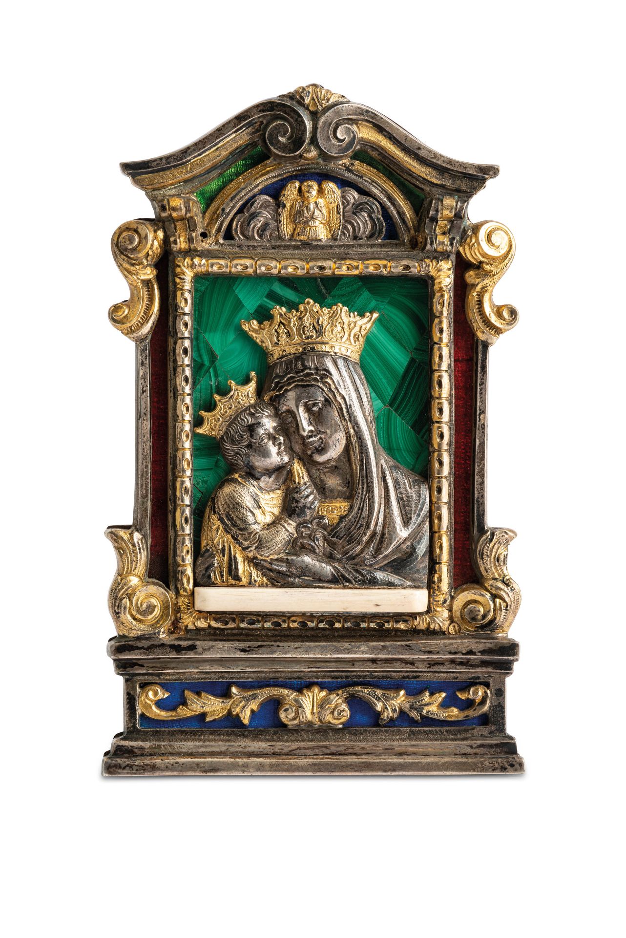 PACE IN ARGENTO PARZIALMENTE DORATO, MALACHITE, SMALTI, AVORIO E LEGNO, BOLOGNA, XX SECOLO, ORAFO